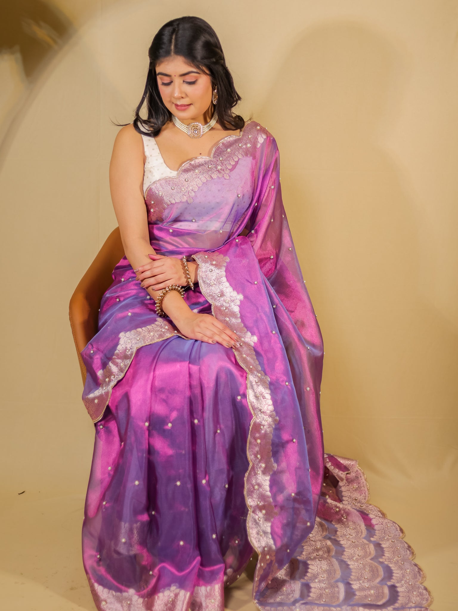 Banarasi Tissue Saree With Zari Weaving & Scallop Border - Purple