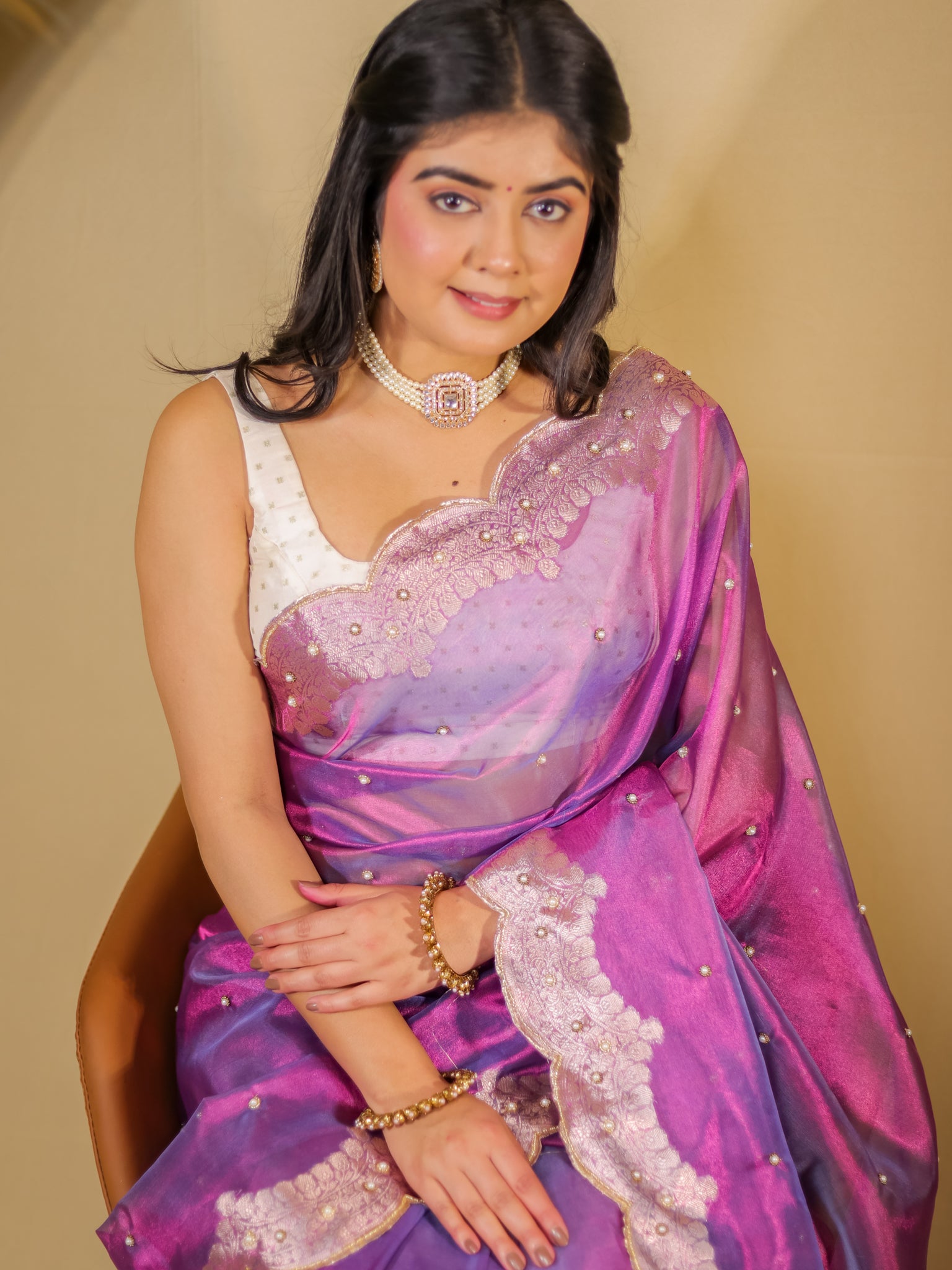 Banarasi Tissue Saree With Zari Weaving & Scallop Border - Purple