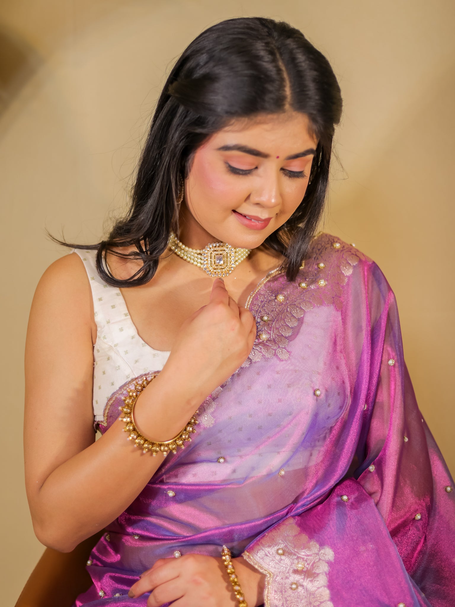 Banarasi Tissue Saree With Zari Weaving & Scallop Border - Purple