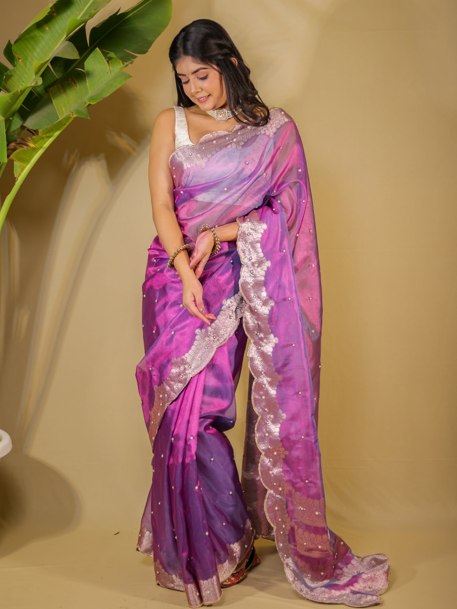 Banarasi Tissue Saree With Zari Weaving & Scallop Border - Purple