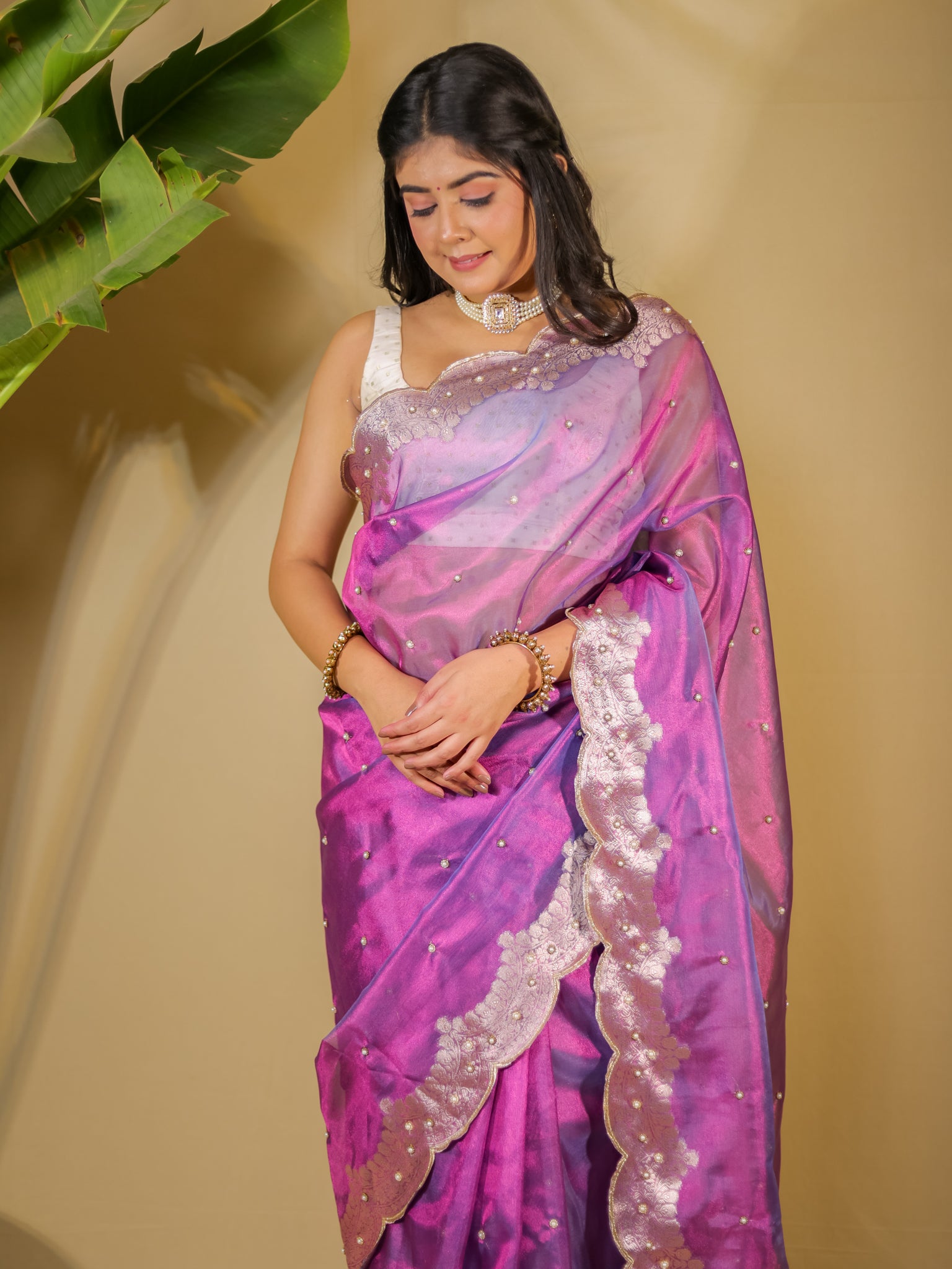 Banarasi Tissue Saree With Zari Weaving & Scallop Border - Purple