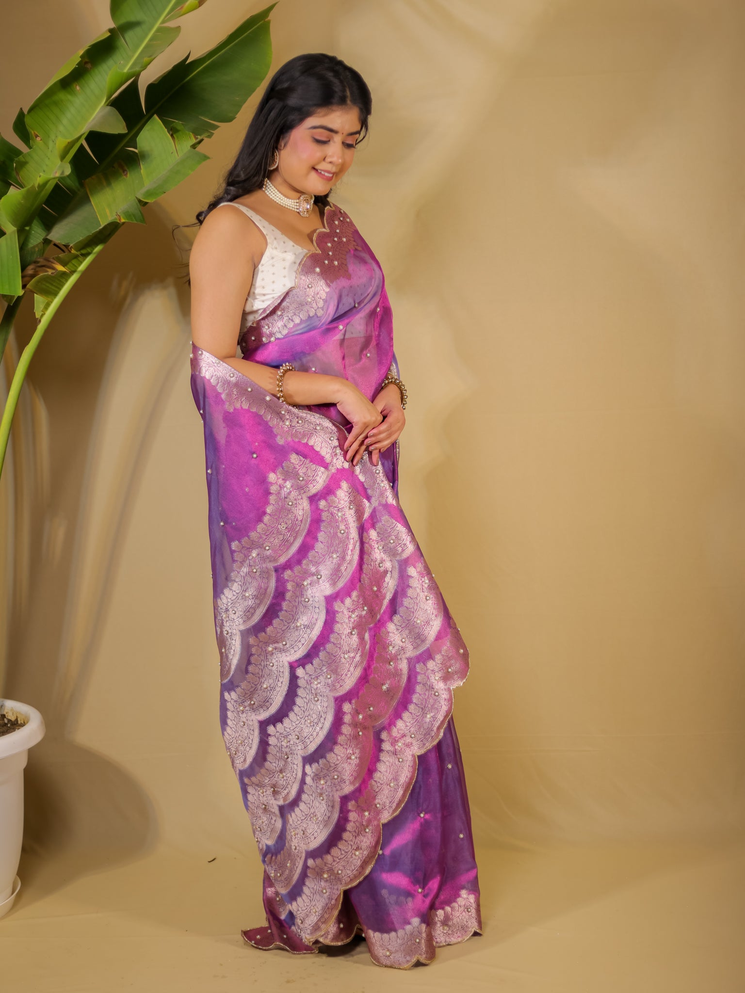 Banarasi Tissue Saree With Zari Weaving & Scallop Border - Purple