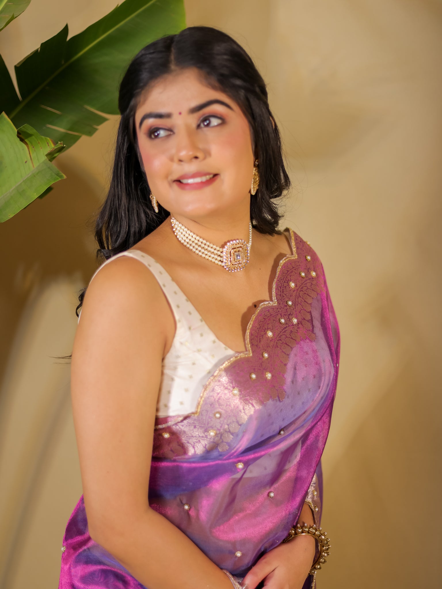 Banarasi Tissue Saree With Zari Weaving & Scallop Border - Purple