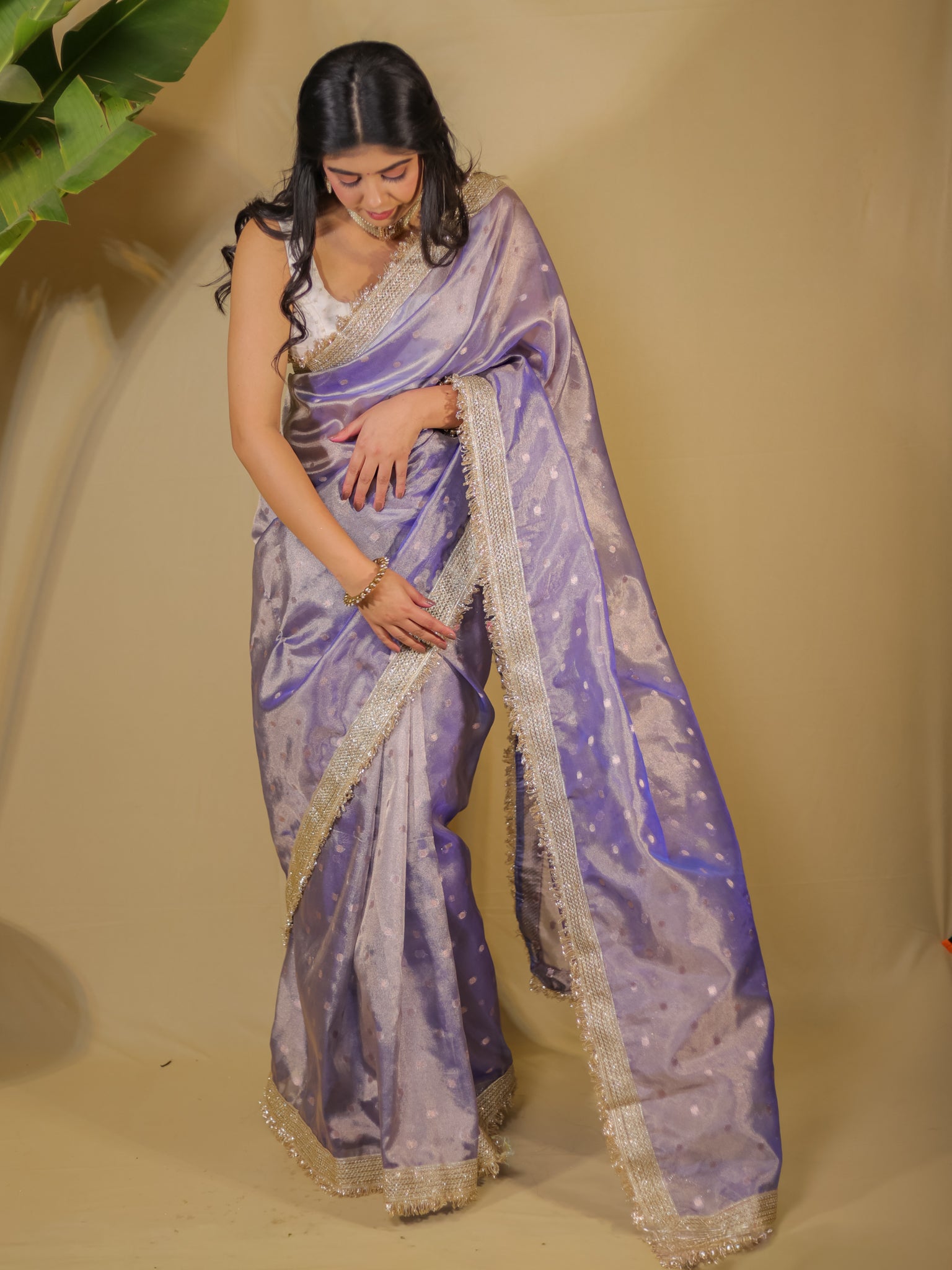 Banarasi Tissue Saree With Buti Weaving & Lace Border - Blue