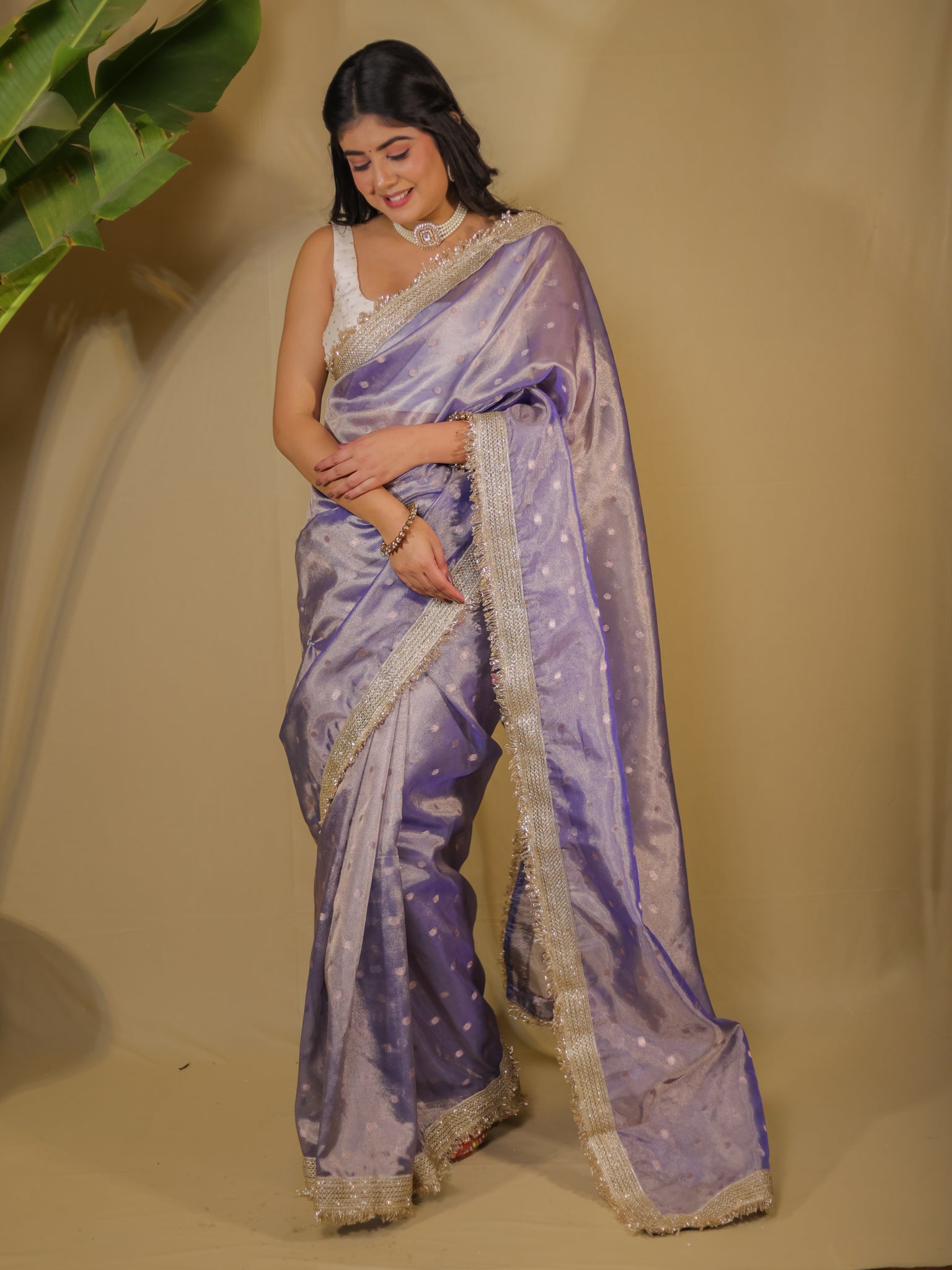 Banarasi Tissue Saree With Buti Weaving & Lace Border - Blue