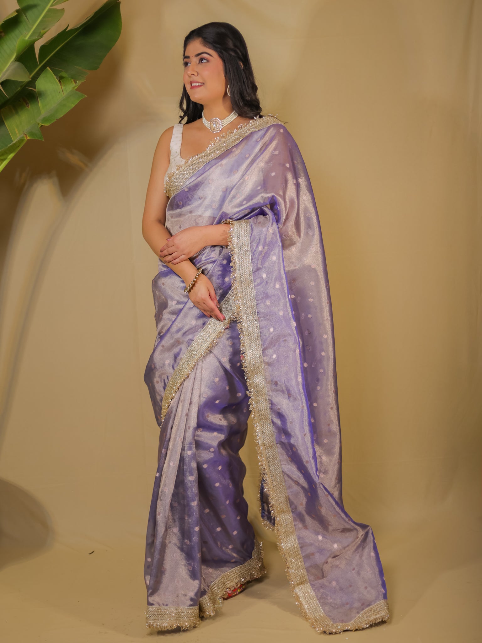 Banarasi Tissue Saree With Buti Weaving & Lace Border - Blue