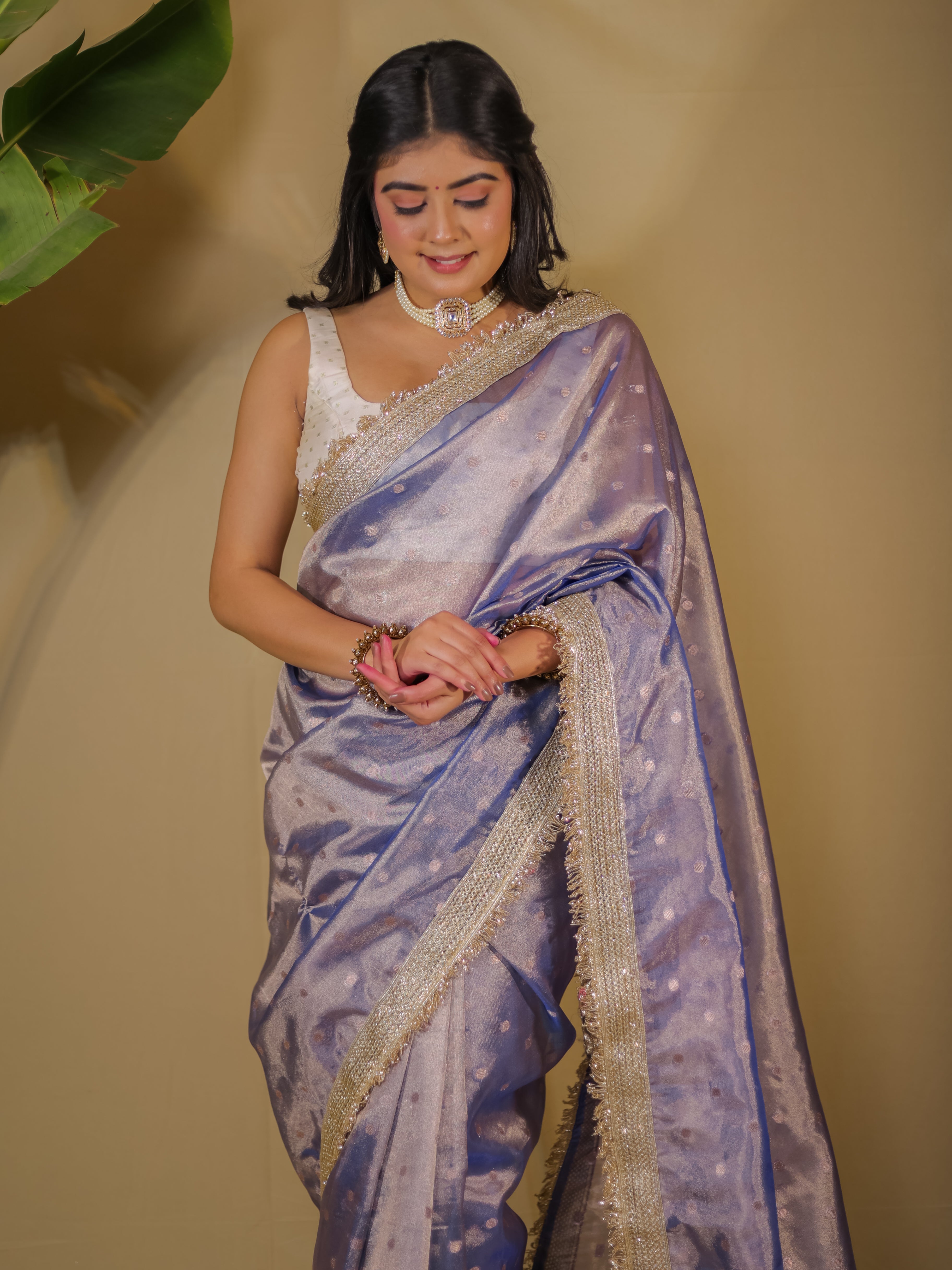 Banarasi Tissue Saree With Buti Weaving & Lace Border - Blue