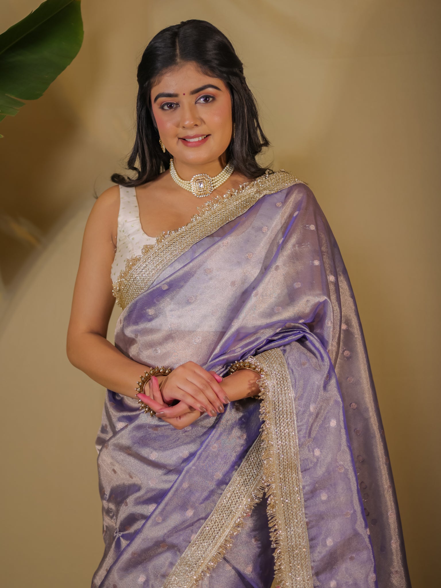 Banarasi Tissue Saree With Buti Weaving & Lace Border - Blue