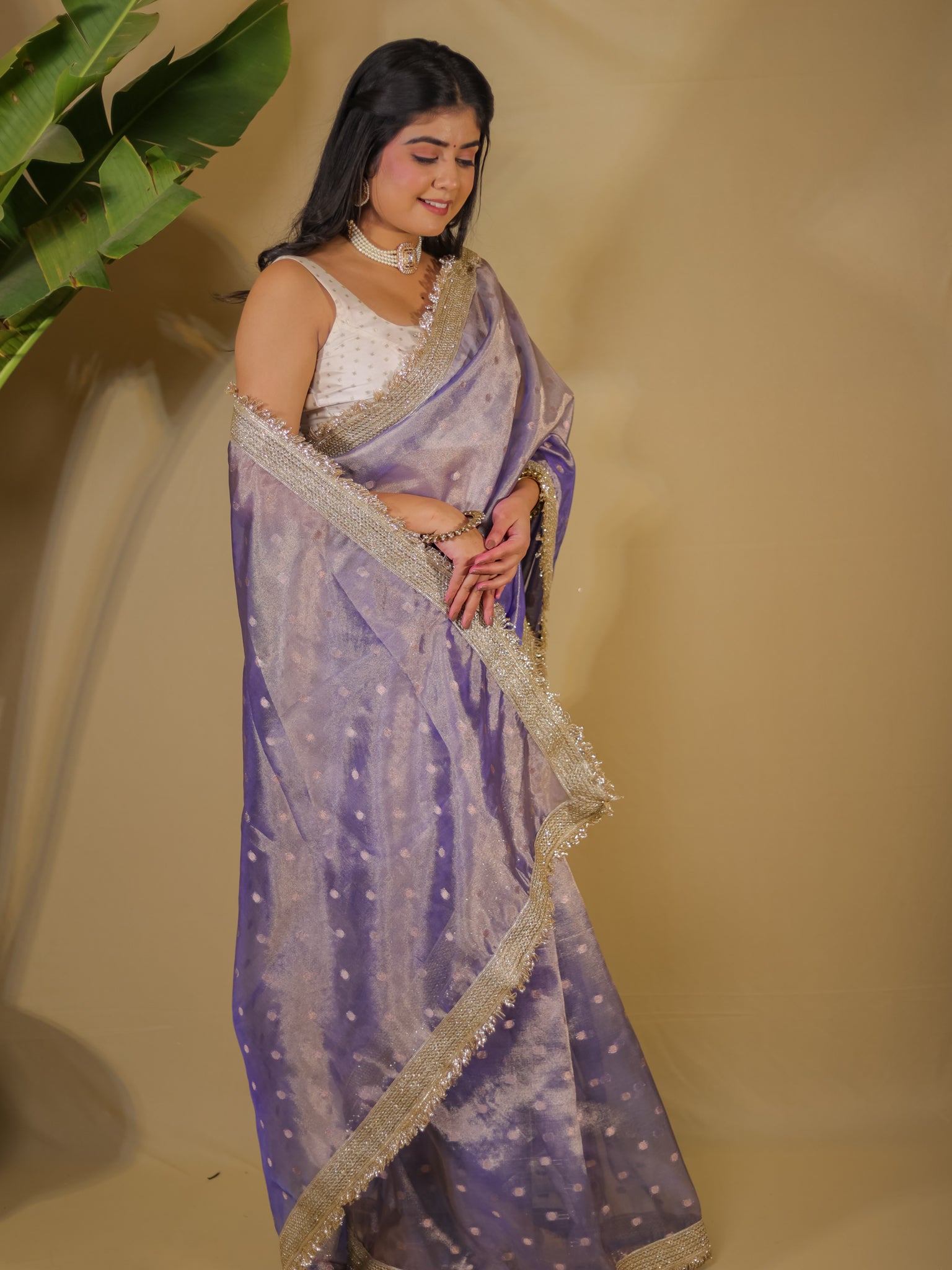 Banarasi Tissue Saree With Buti Weaving & Lace Border - Blue