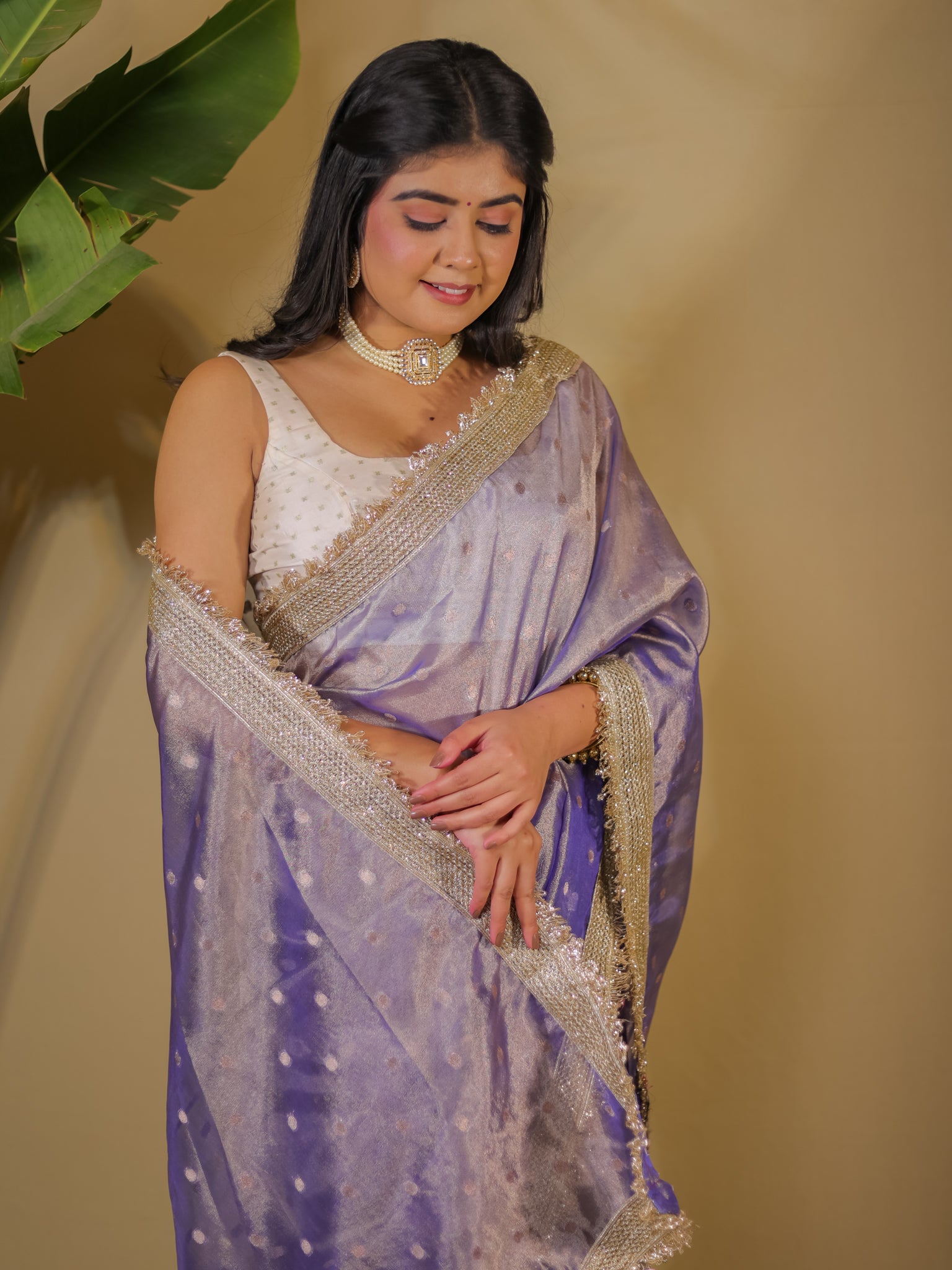 Banarasi Tissue Saree With Buti Weaving & Lace Border - Blue