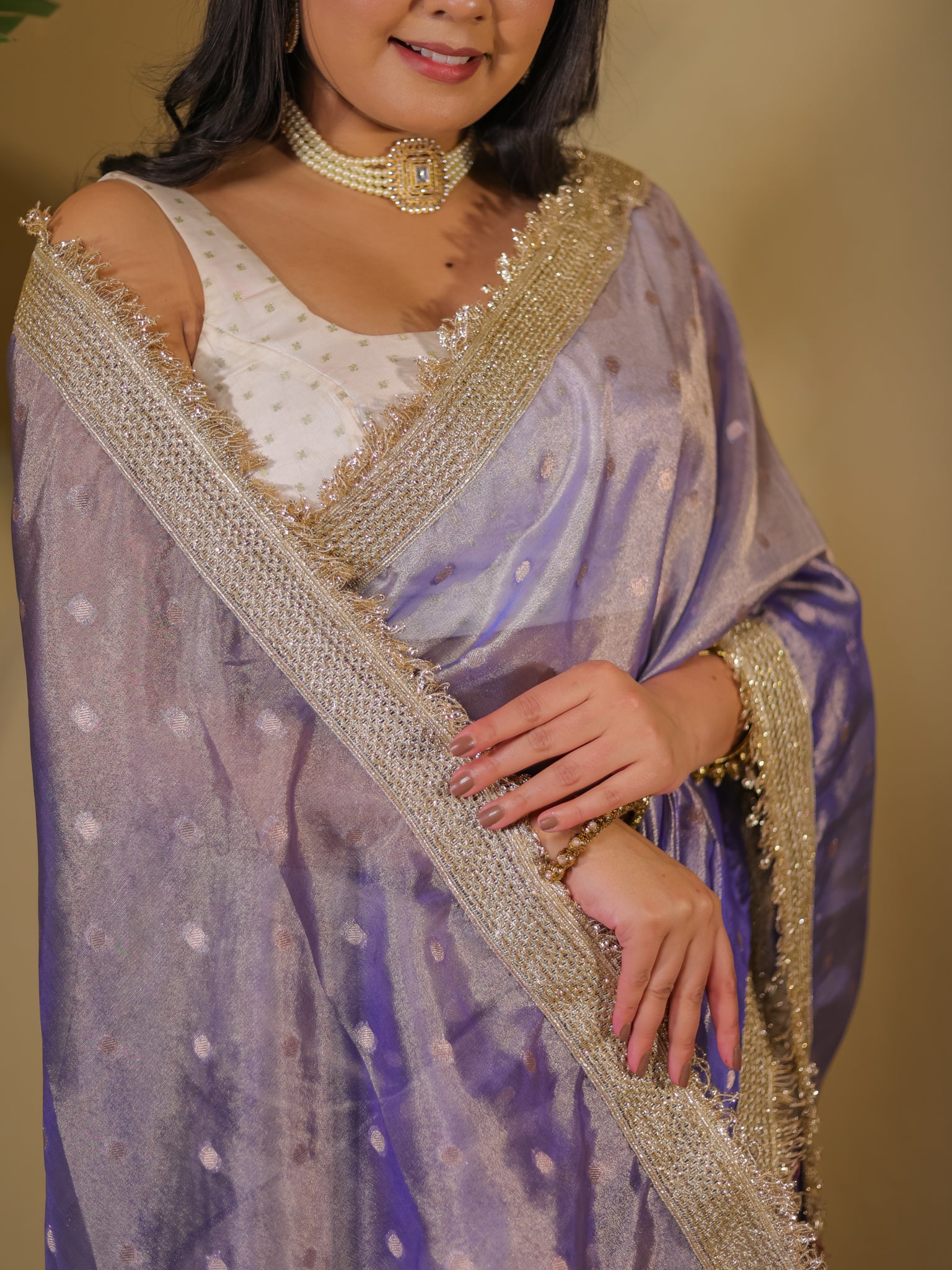 Banarasi Tissue Saree With Buti Weaving & Lace Border - Blue