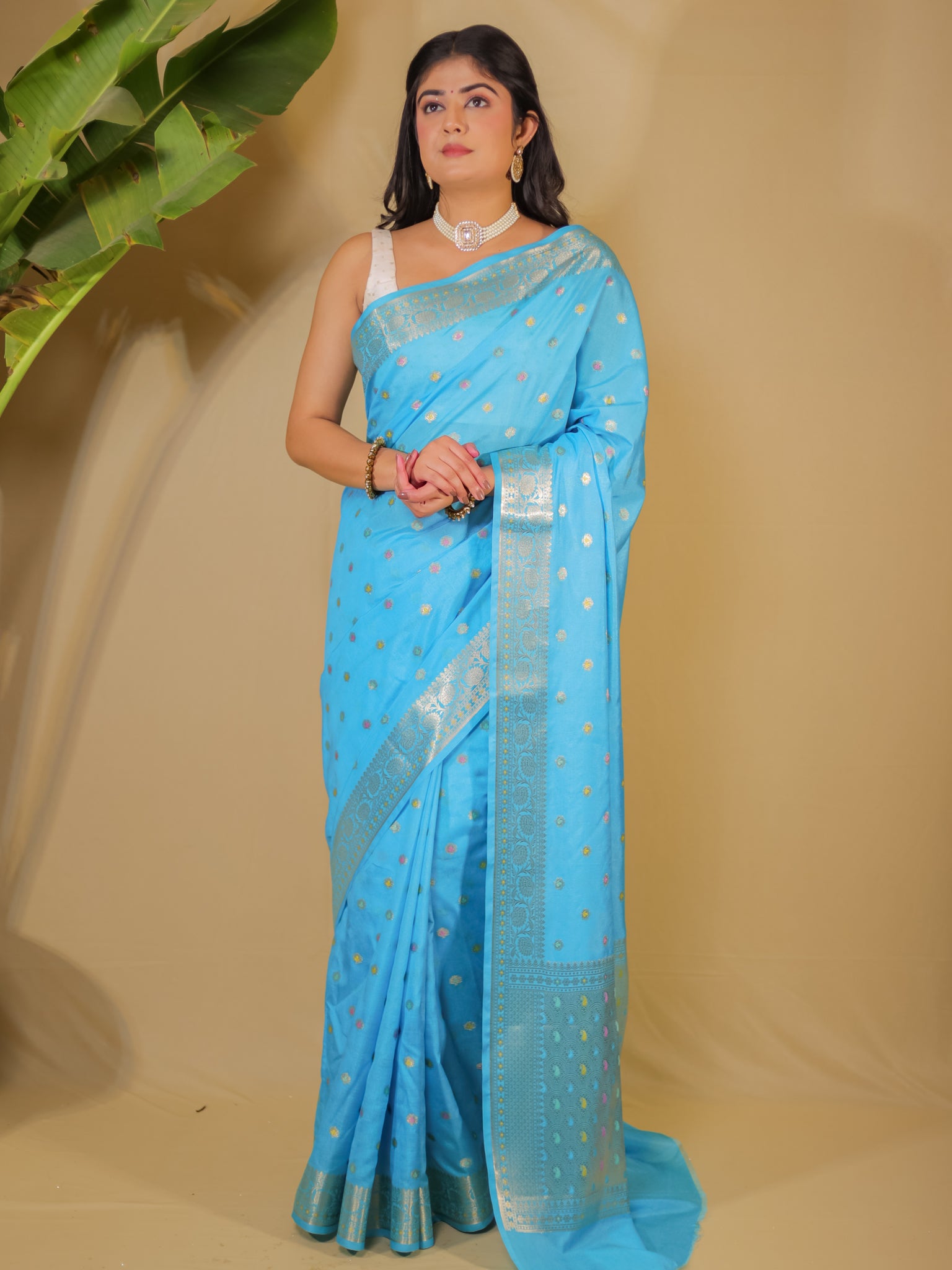 Banarasi Semi Silk Saree With Zari Weaving & Border-Blue