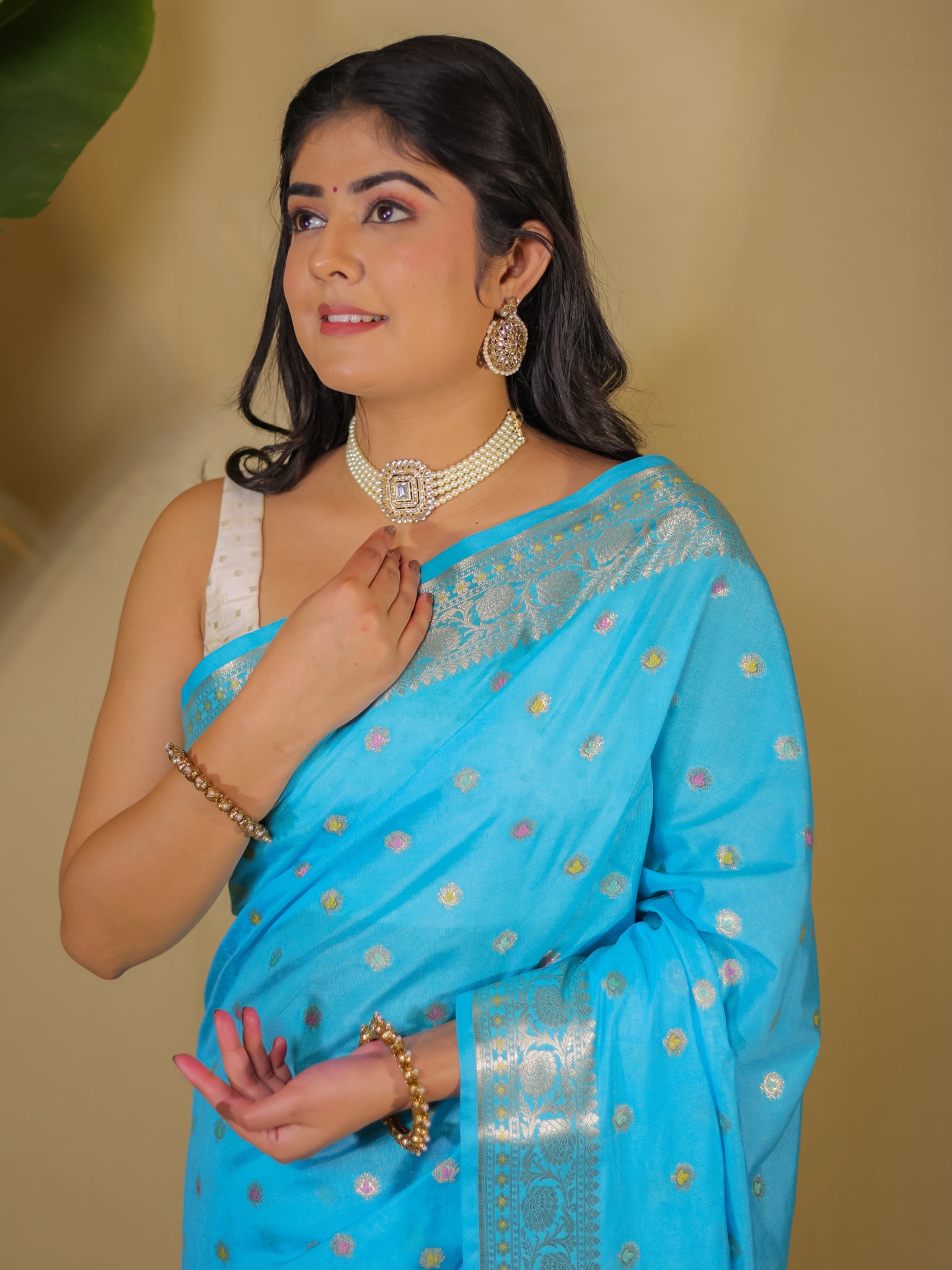 Banarasi Semi Silk Saree With Zari Weaving & Border-Blue