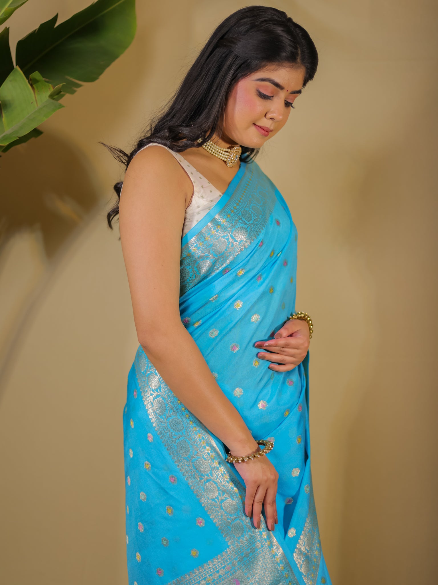 Banarasi Semi Silk Saree With Zari Weaving & Border-Blue