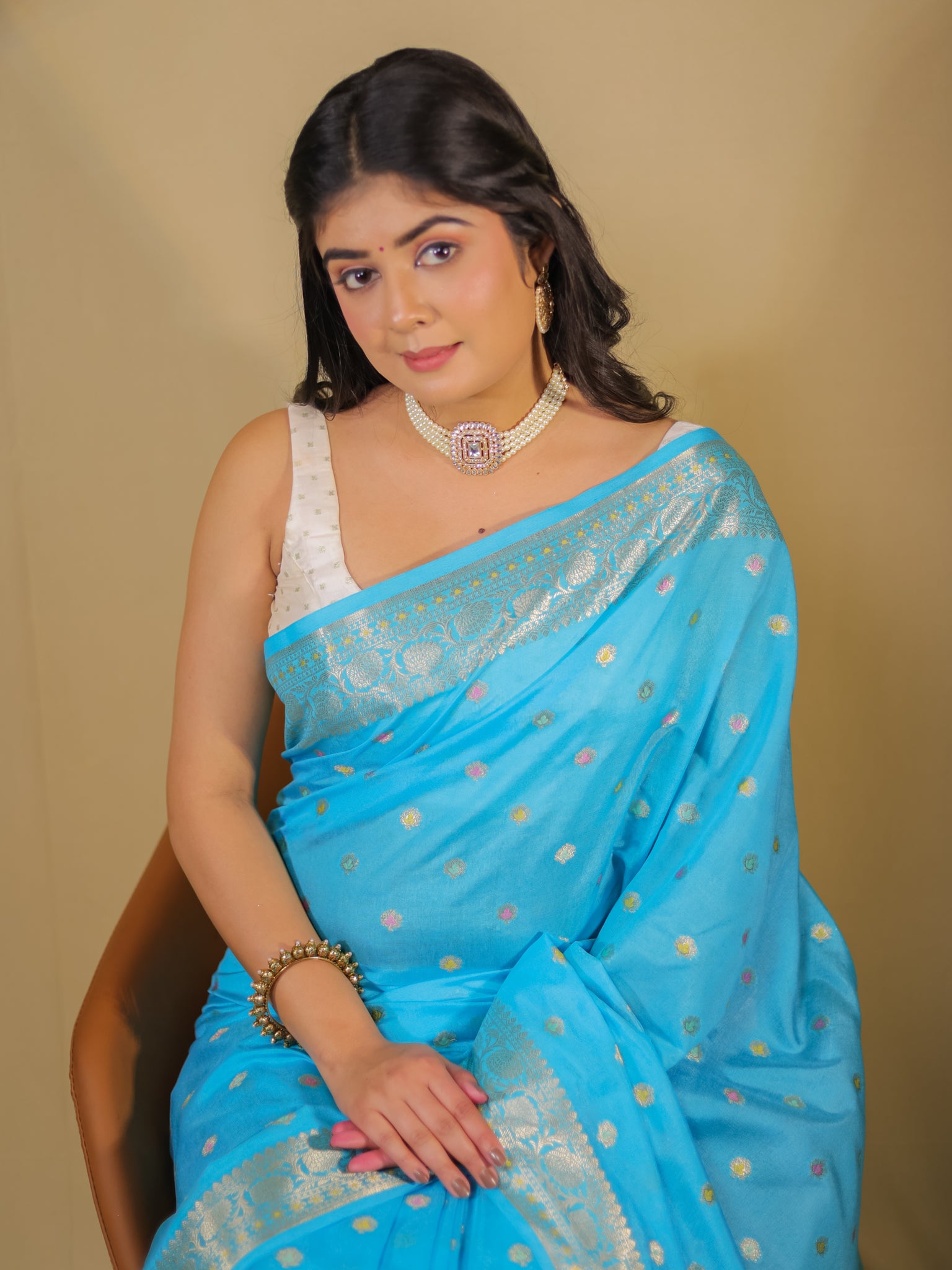 Banarasi Semi Silk Saree With Zari Weaving & Border-Blue