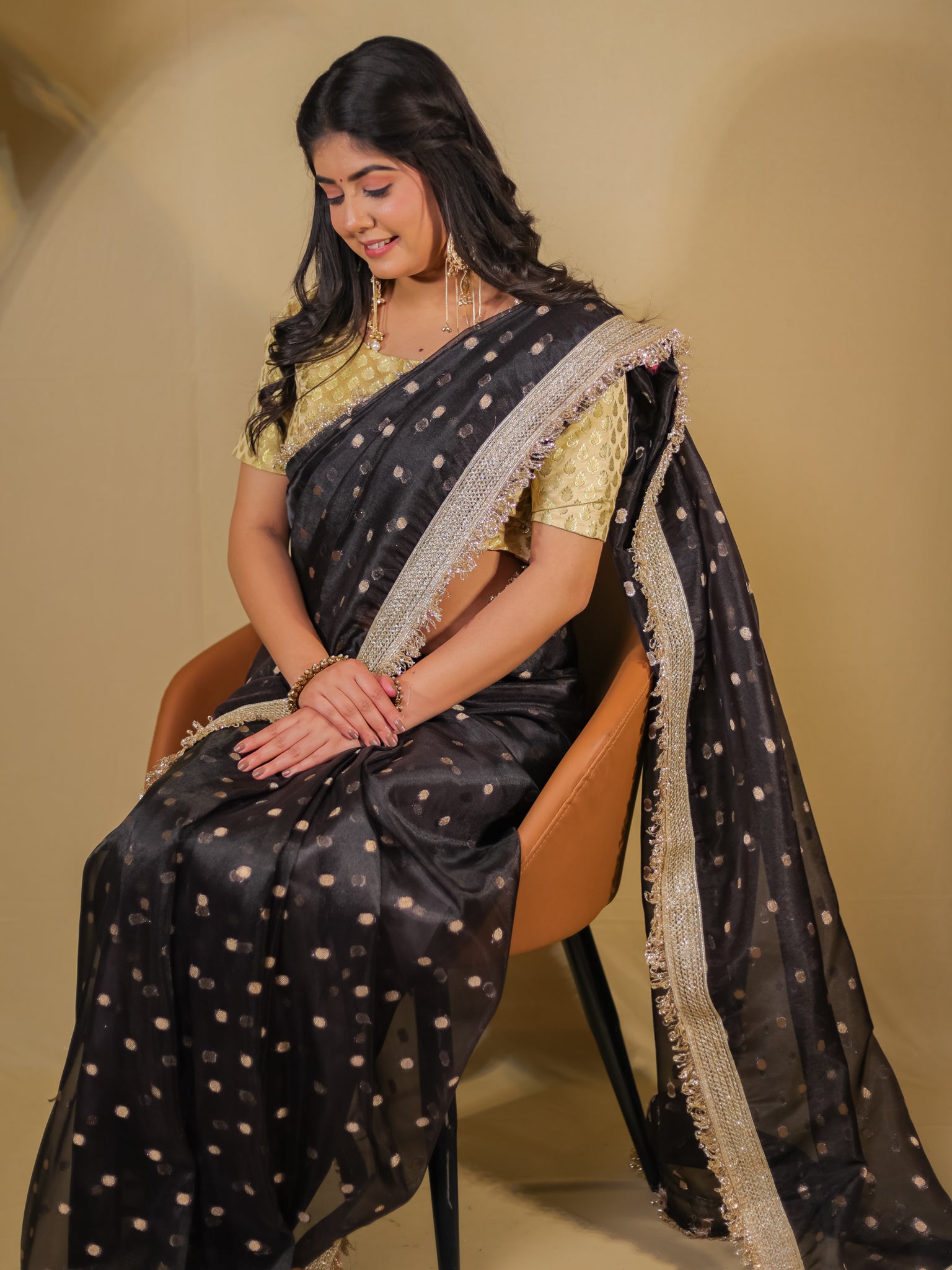 Banarasi Tissue Saree With Buti Weaving & Lace Border - Black