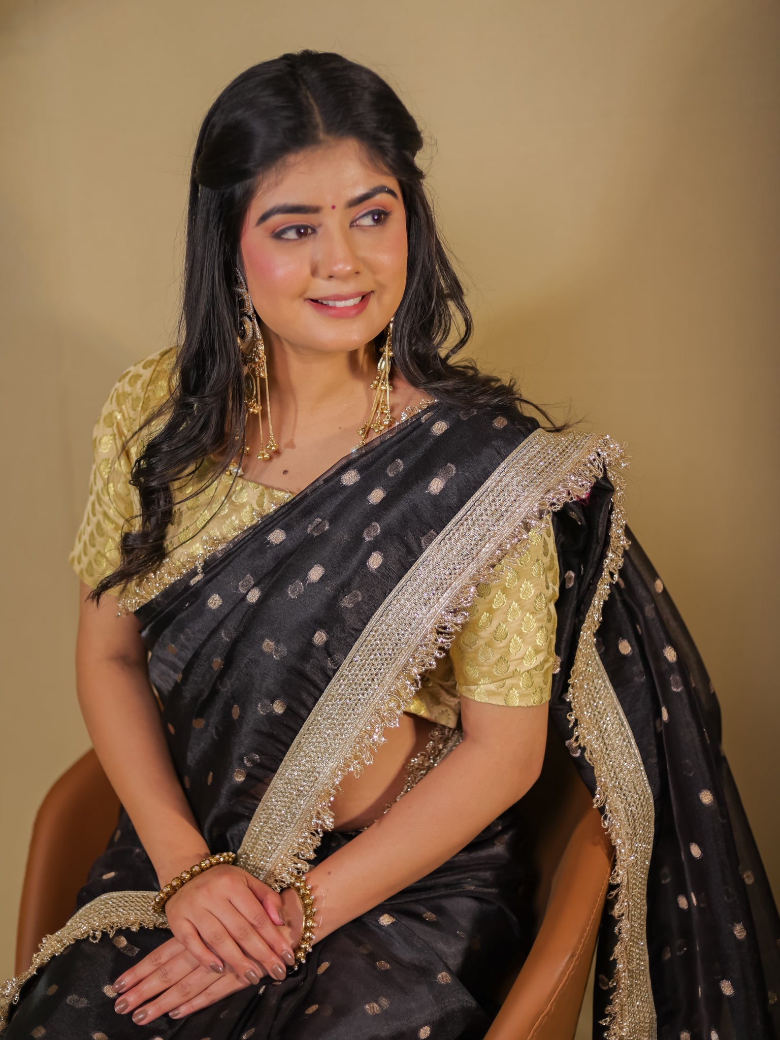 Banarasi Tissue Saree With Buti Weaving & Lace Border - Black