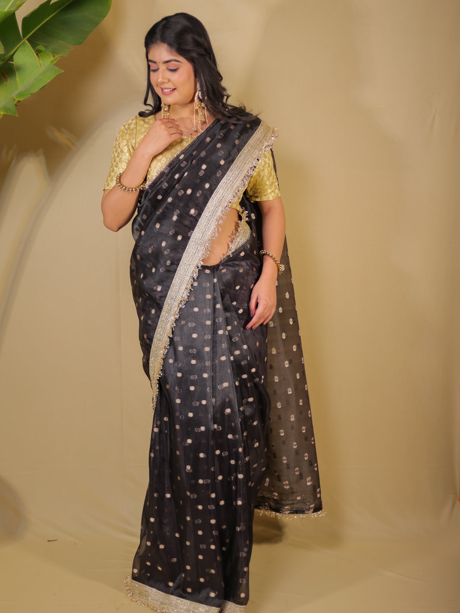 Banarasi Tissue Saree With Buti Weaving & Lace Border - Black