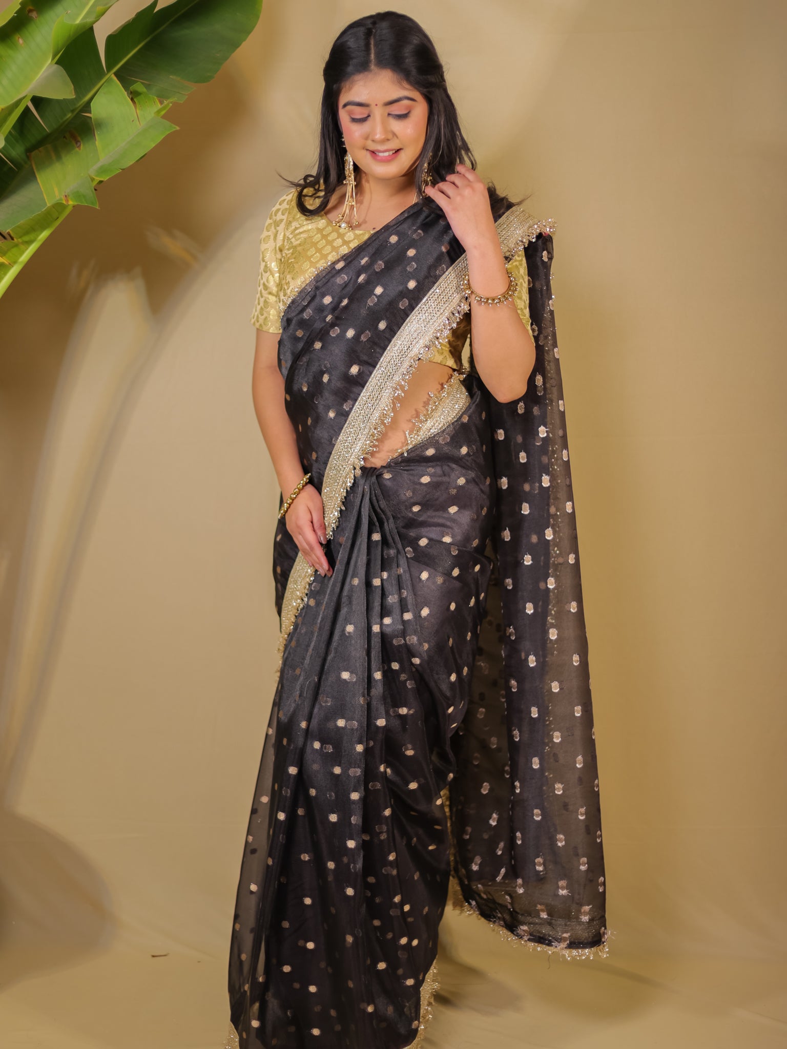 Banarasi Tissue Saree With Buti Weaving & Lace Border - Black