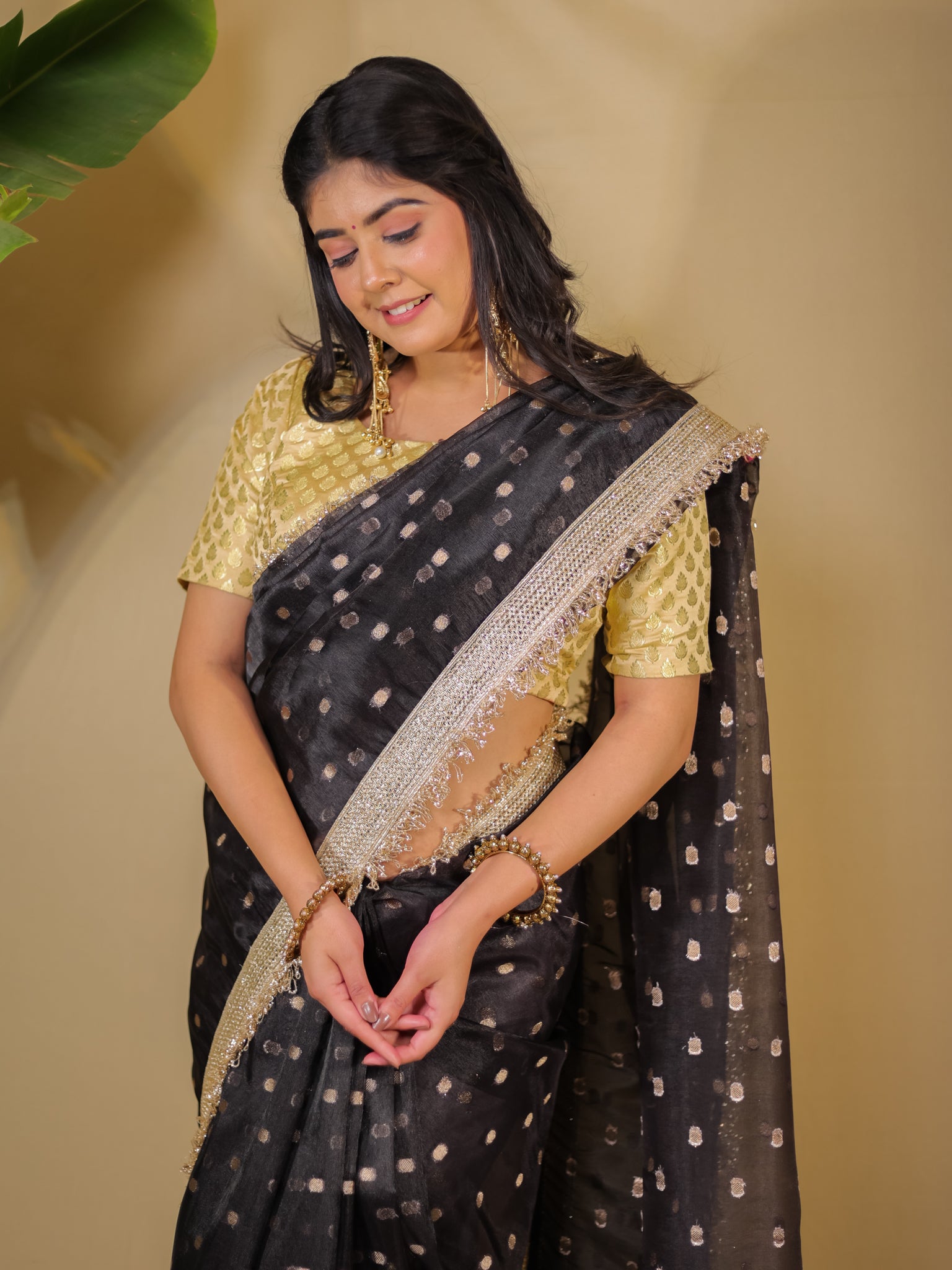 Banarasi Tissue Saree With Buti Weaving & Lace Border - Black