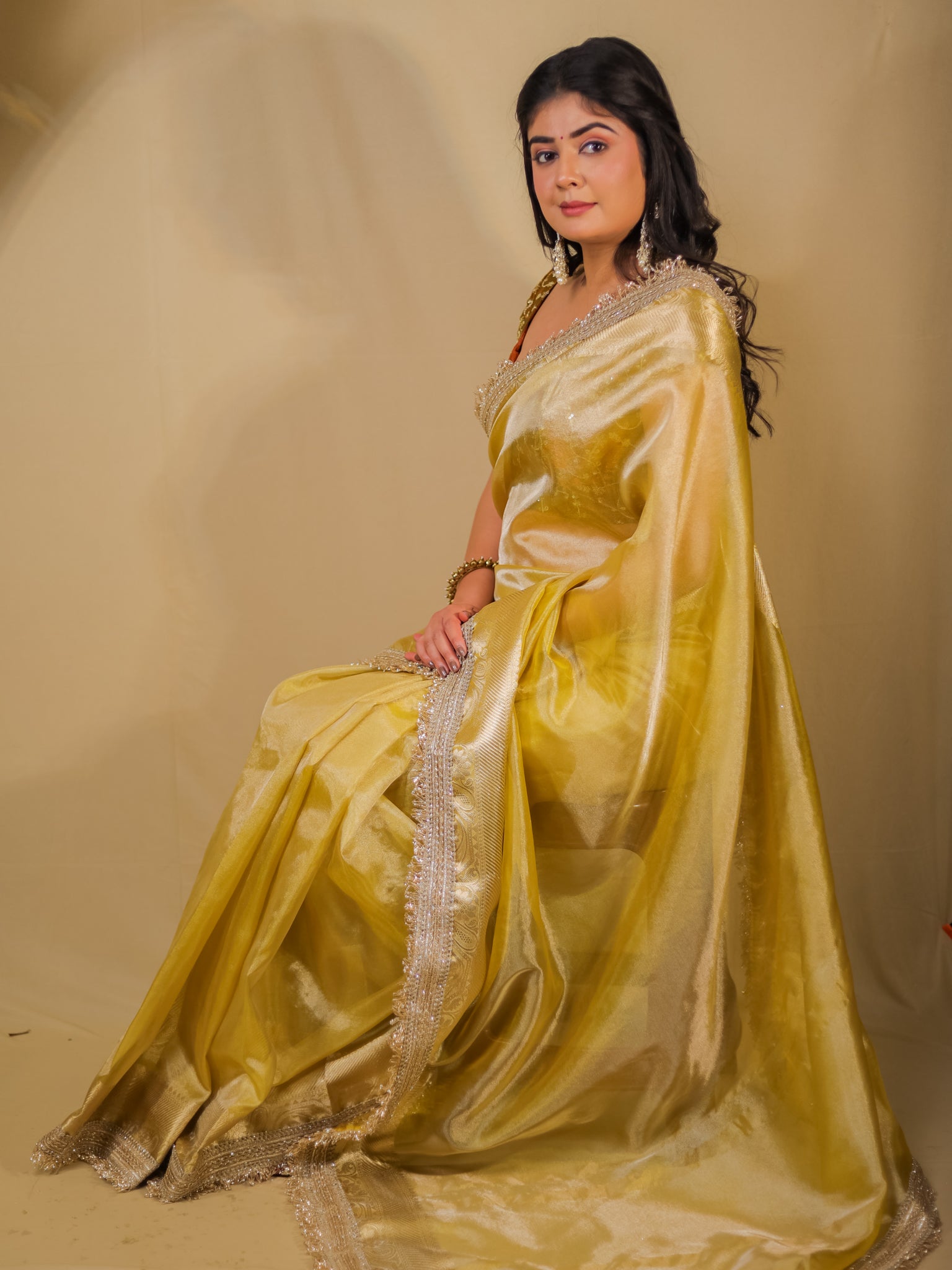 Banarasi Tissue Saree With Lace Border - Golden