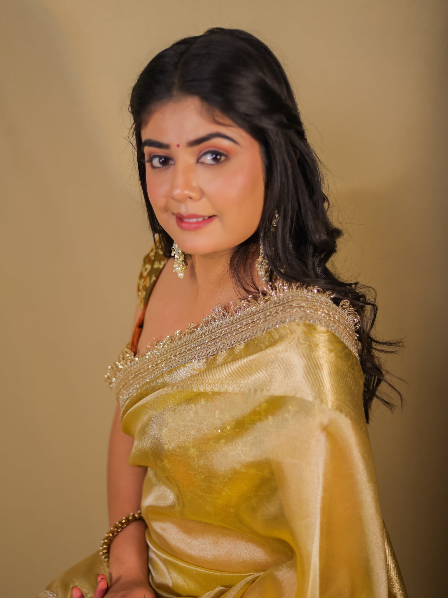 Banarasi Tissue Saree With Lace Border - Golden