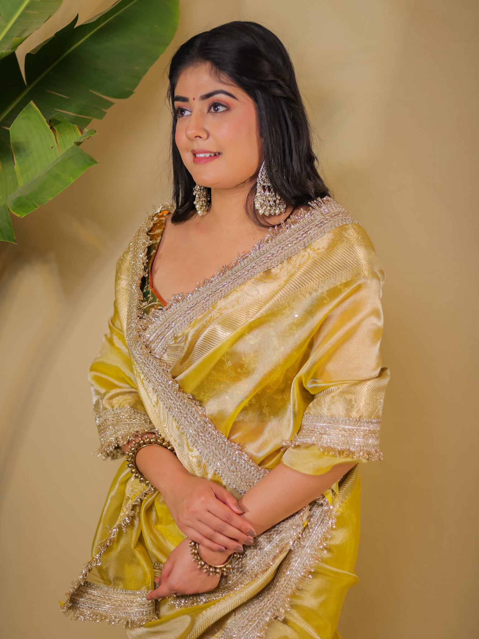 Banarasi Tissue Saree With Lace Border - Golden