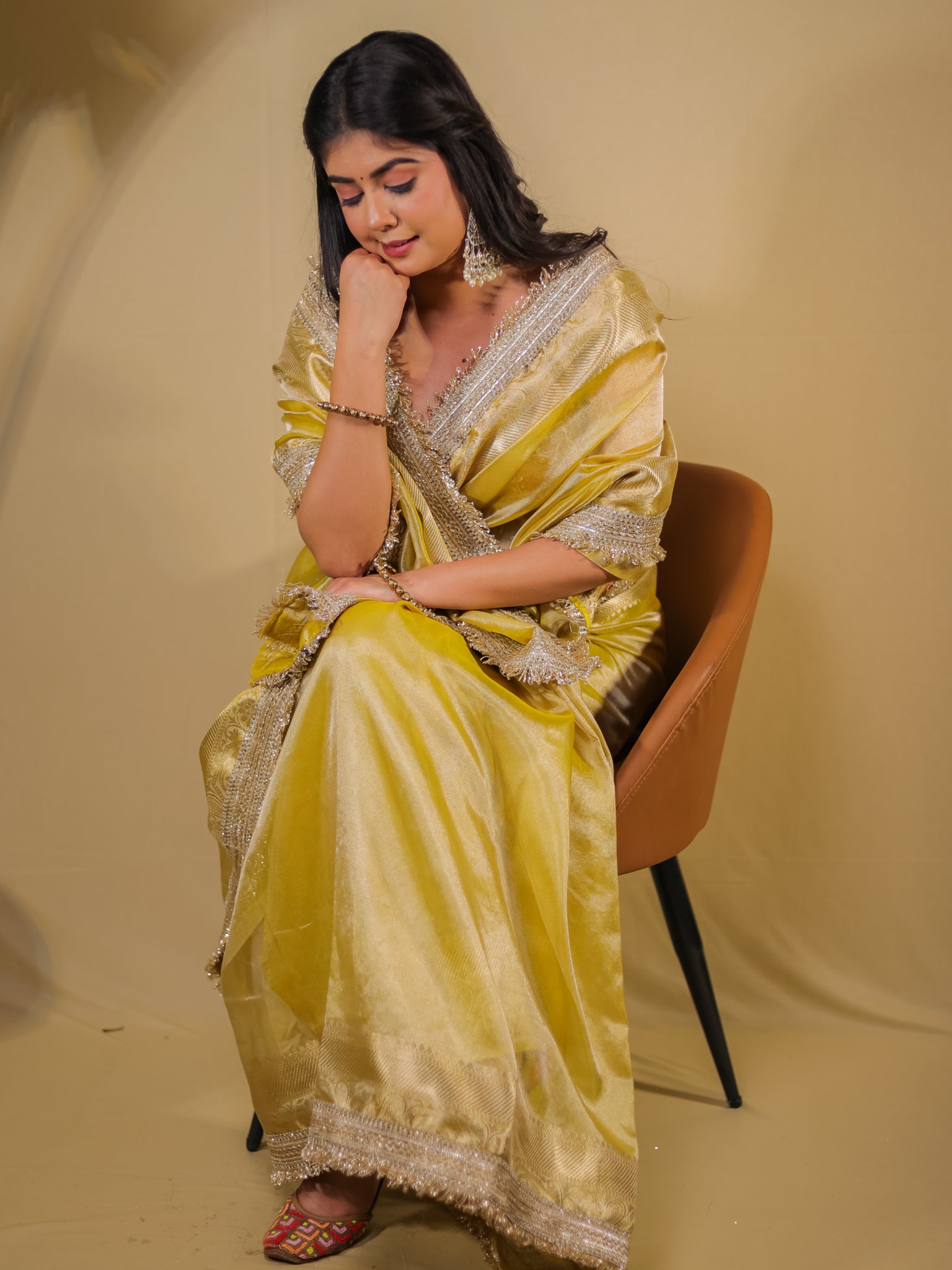 Banarasi Tissue Saree With Lace Border - Golden