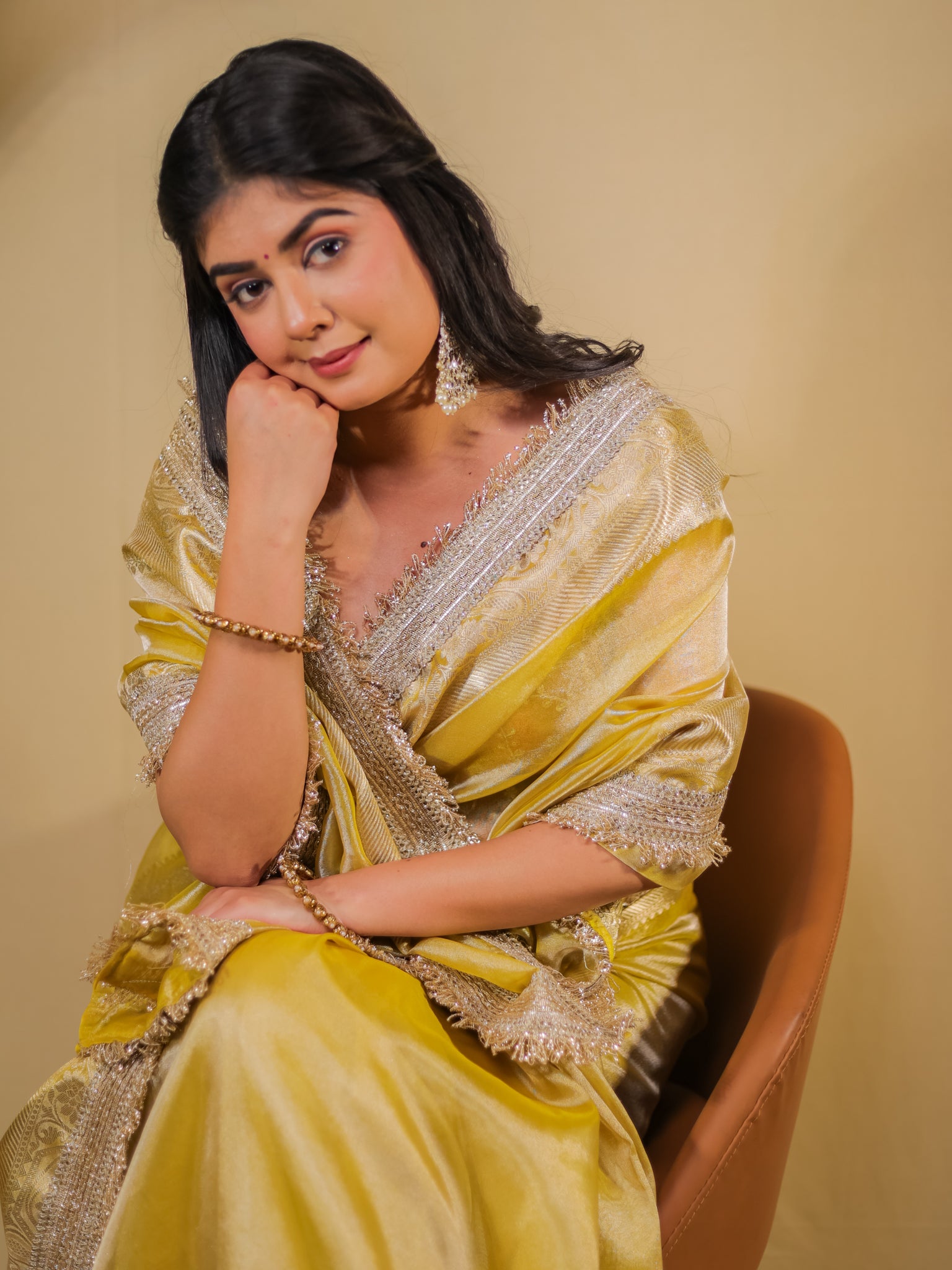 Banarasi Tissue Saree With Lace Border - Golden