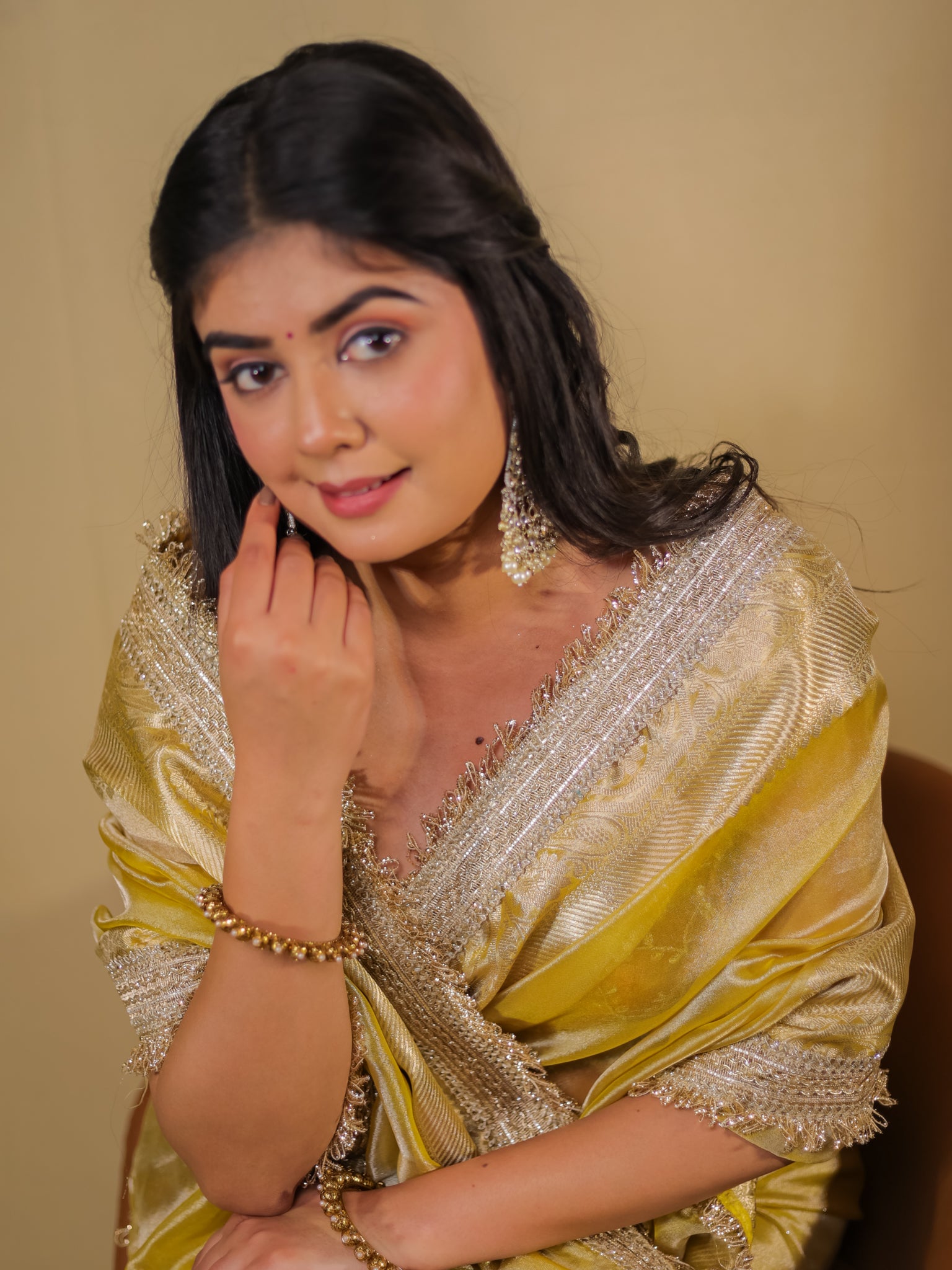 Banarasi Tissue Saree With Lace Border - Golden