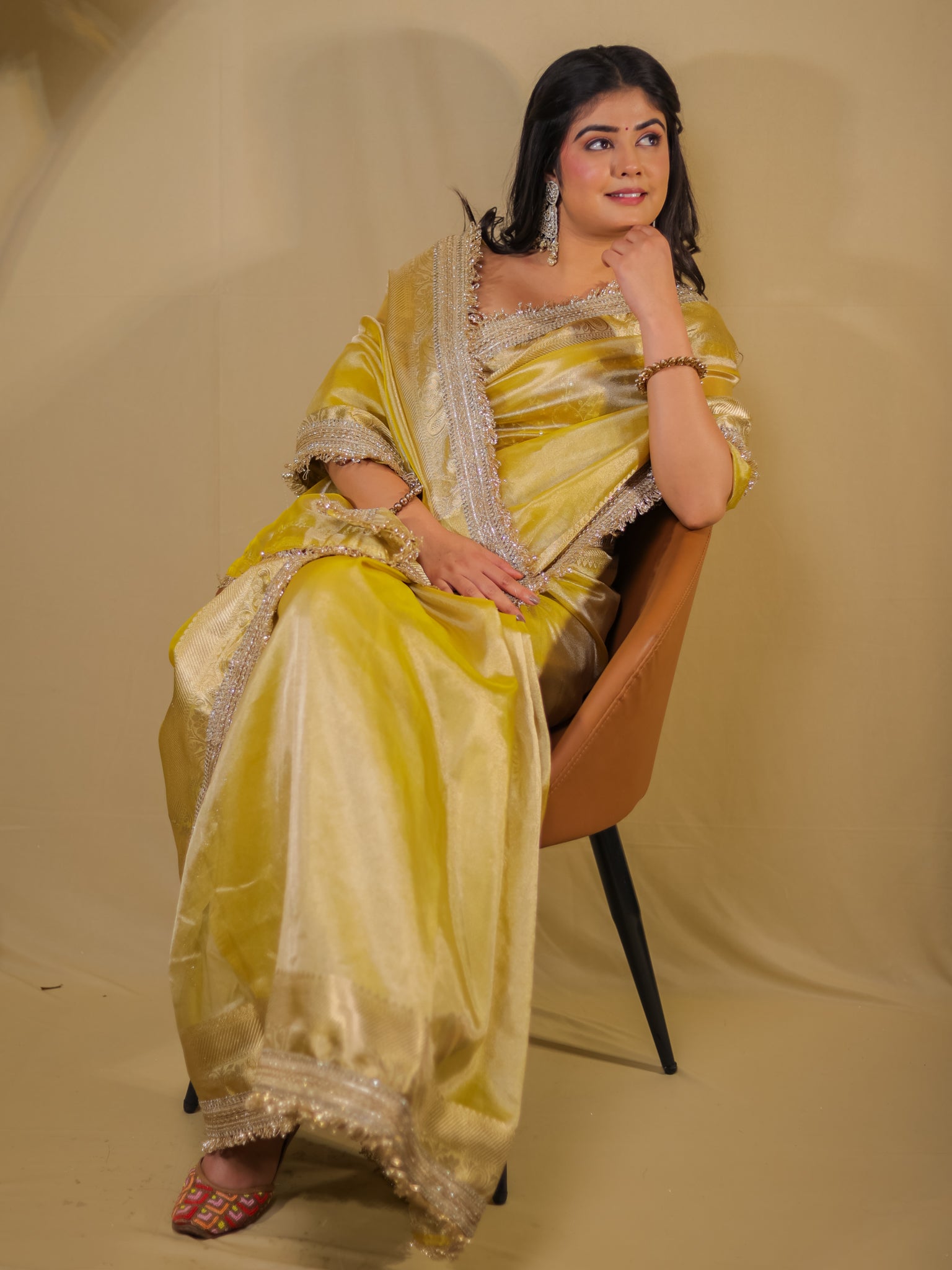 Banarasi Tissue Saree With Lace Border - Golden