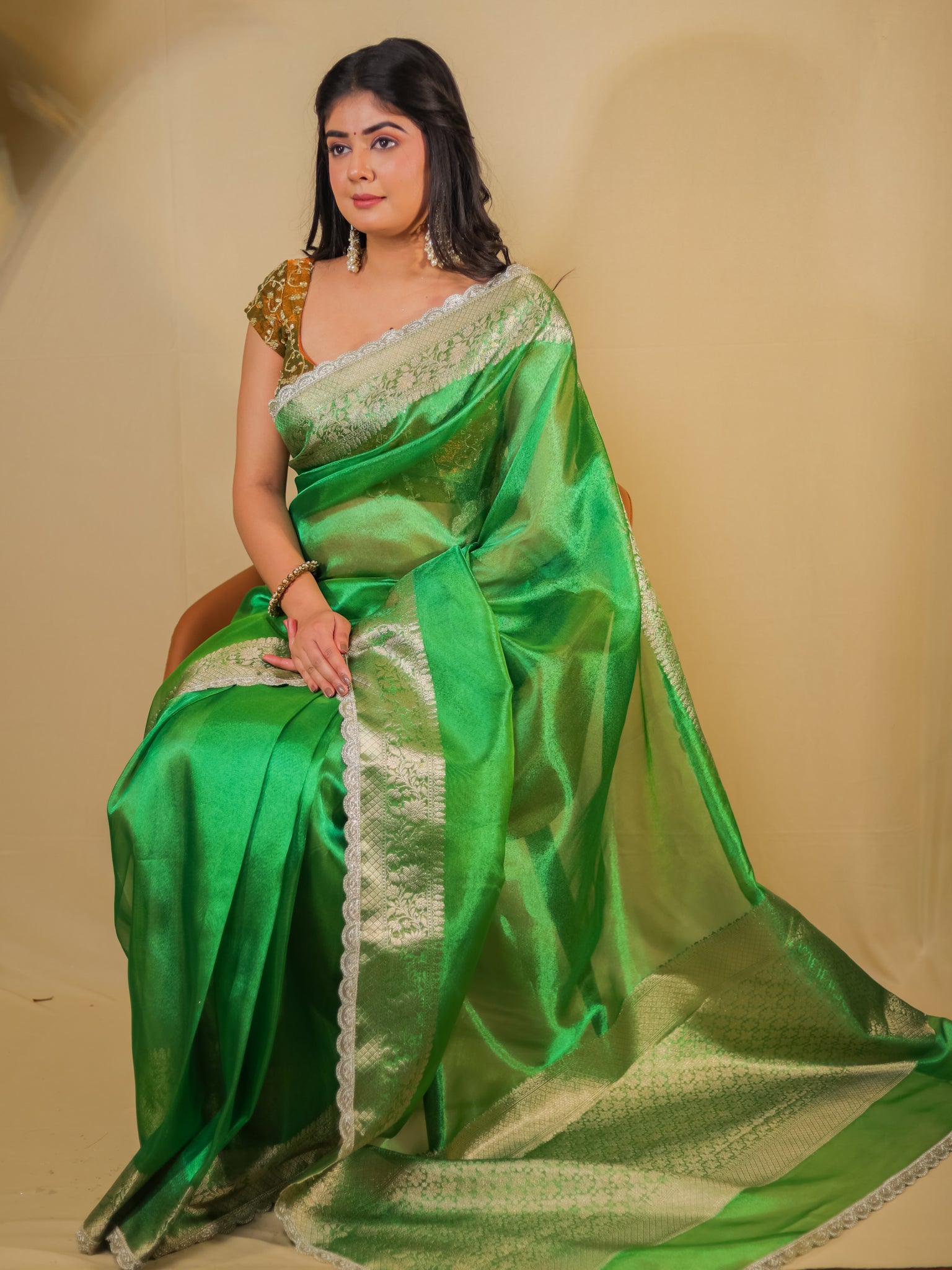 Banarasi Plain Tissue Saree With Lace Border - Green