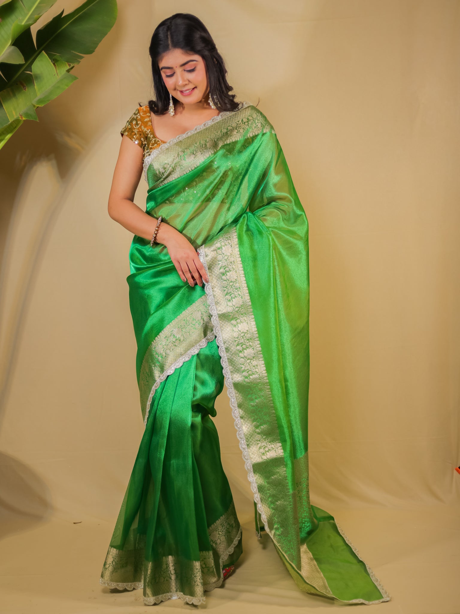 Banarasi Plain Tissue Saree With Lace Border - Green