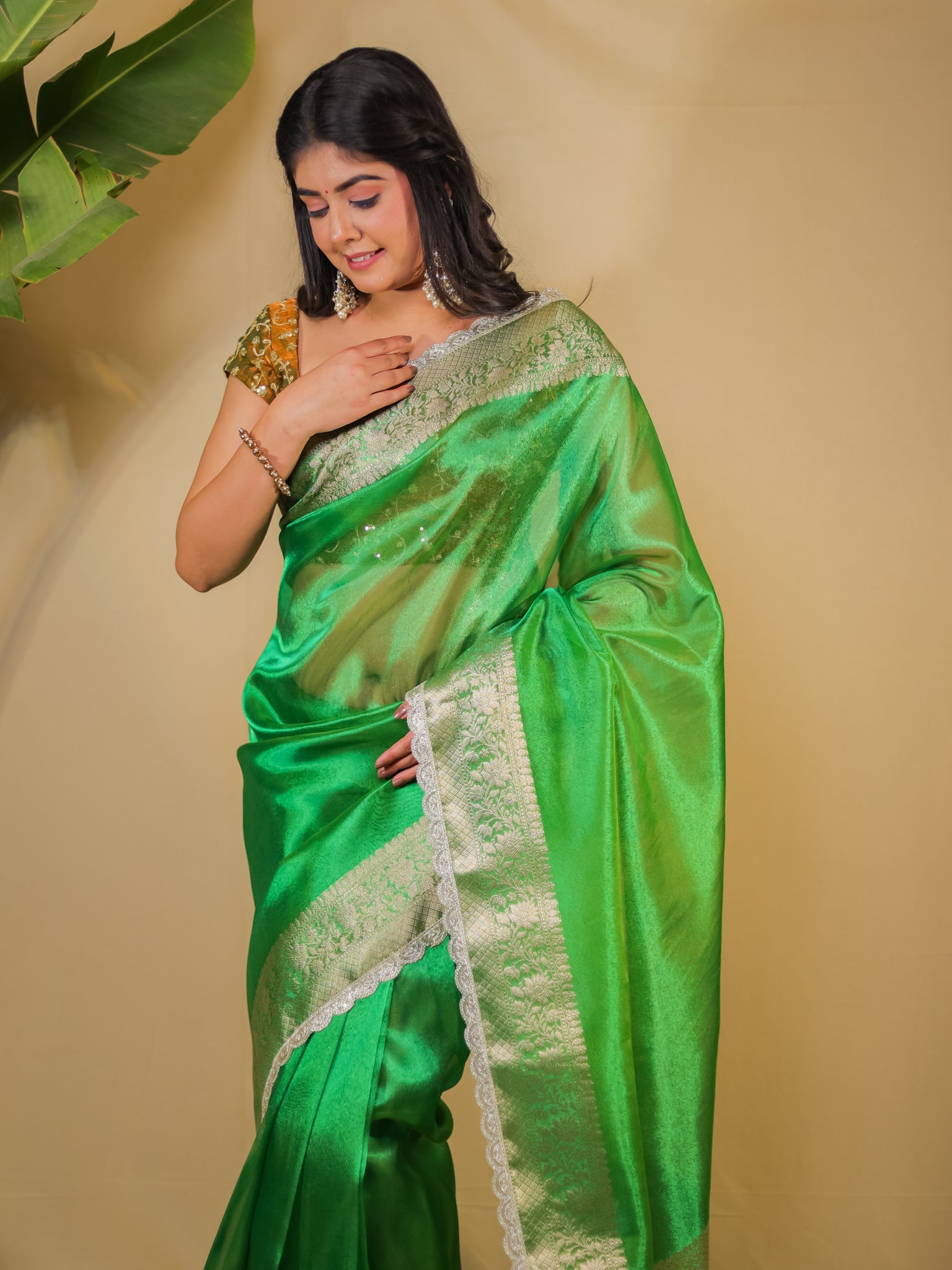 Banarasi Plain Tissue Saree With Lace Border - Green