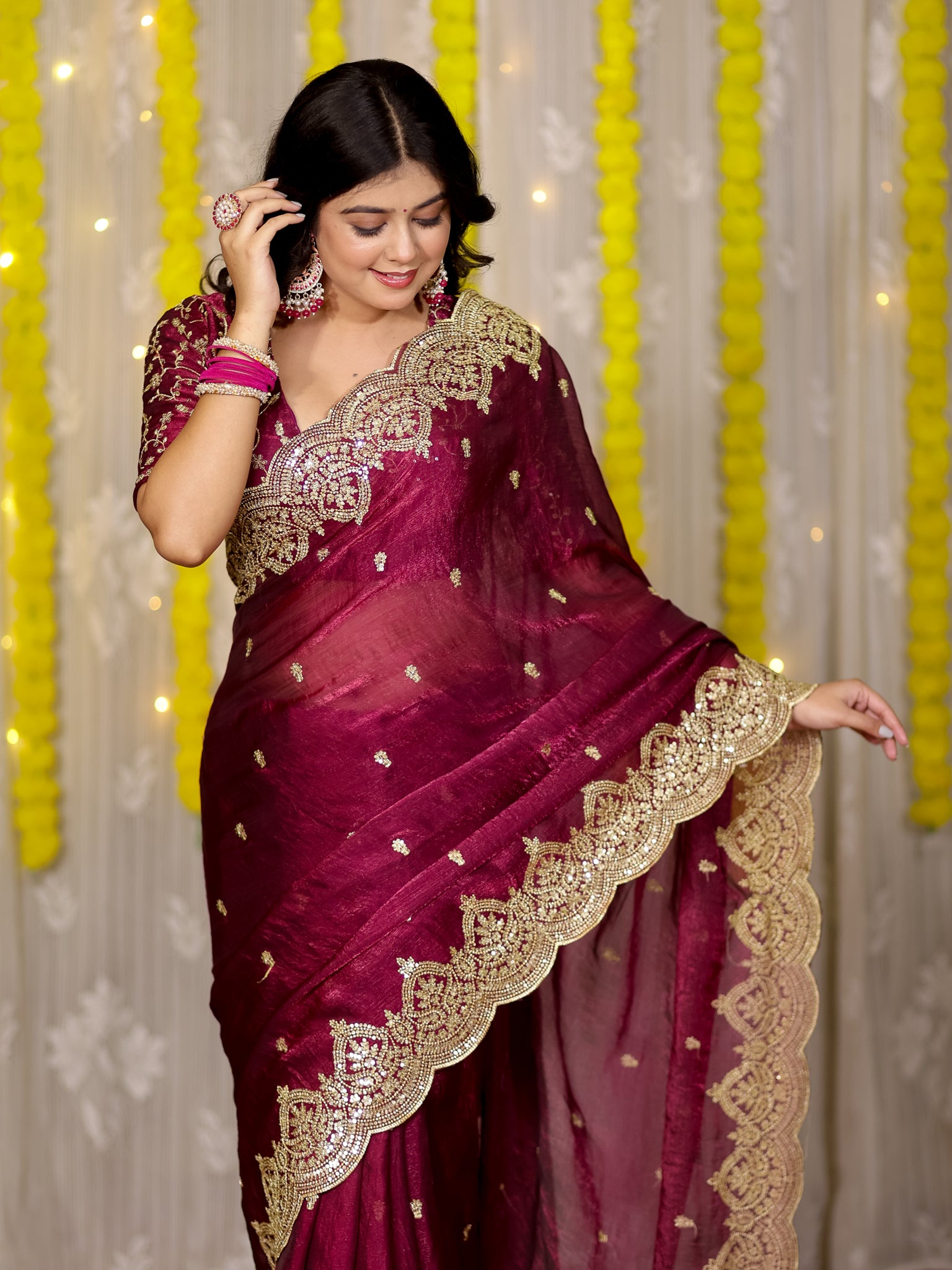 Tissue Sequin Saree With Scallop Border- Wine