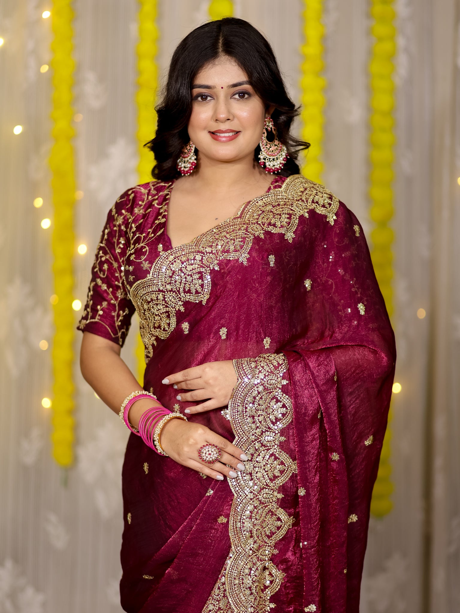 Tissue Sequin Saree With Scallop Border- Wine