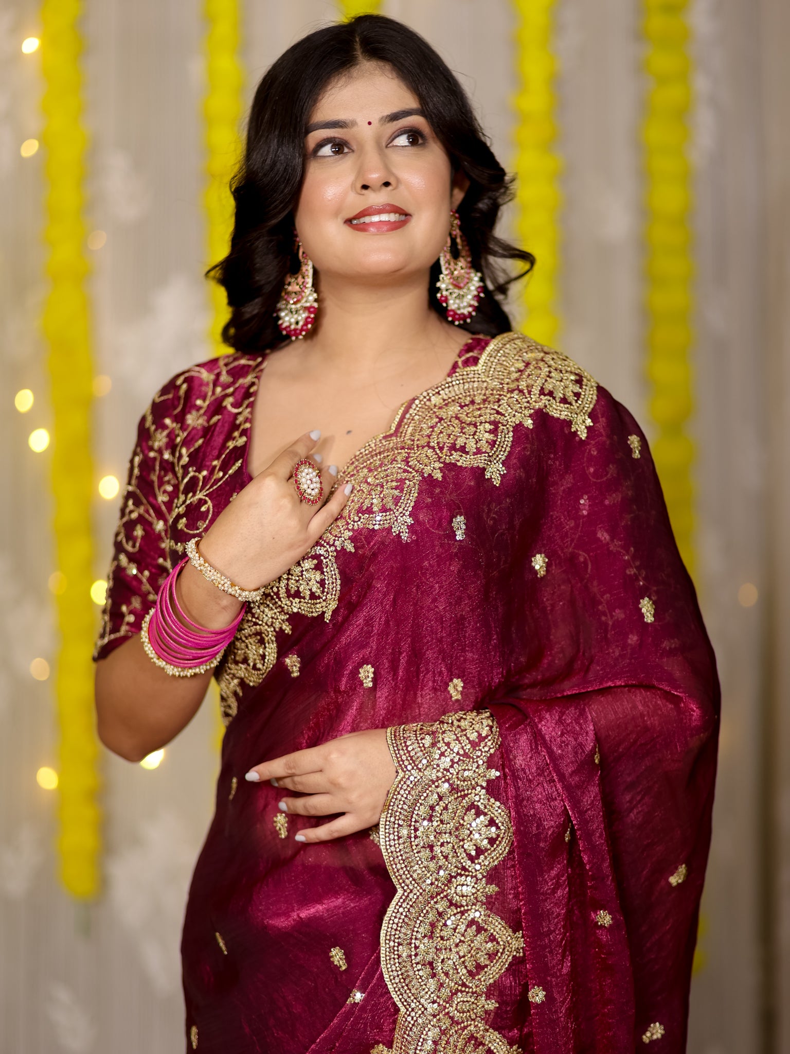 Tissue Sequin Saree With Scallop Border- Wine