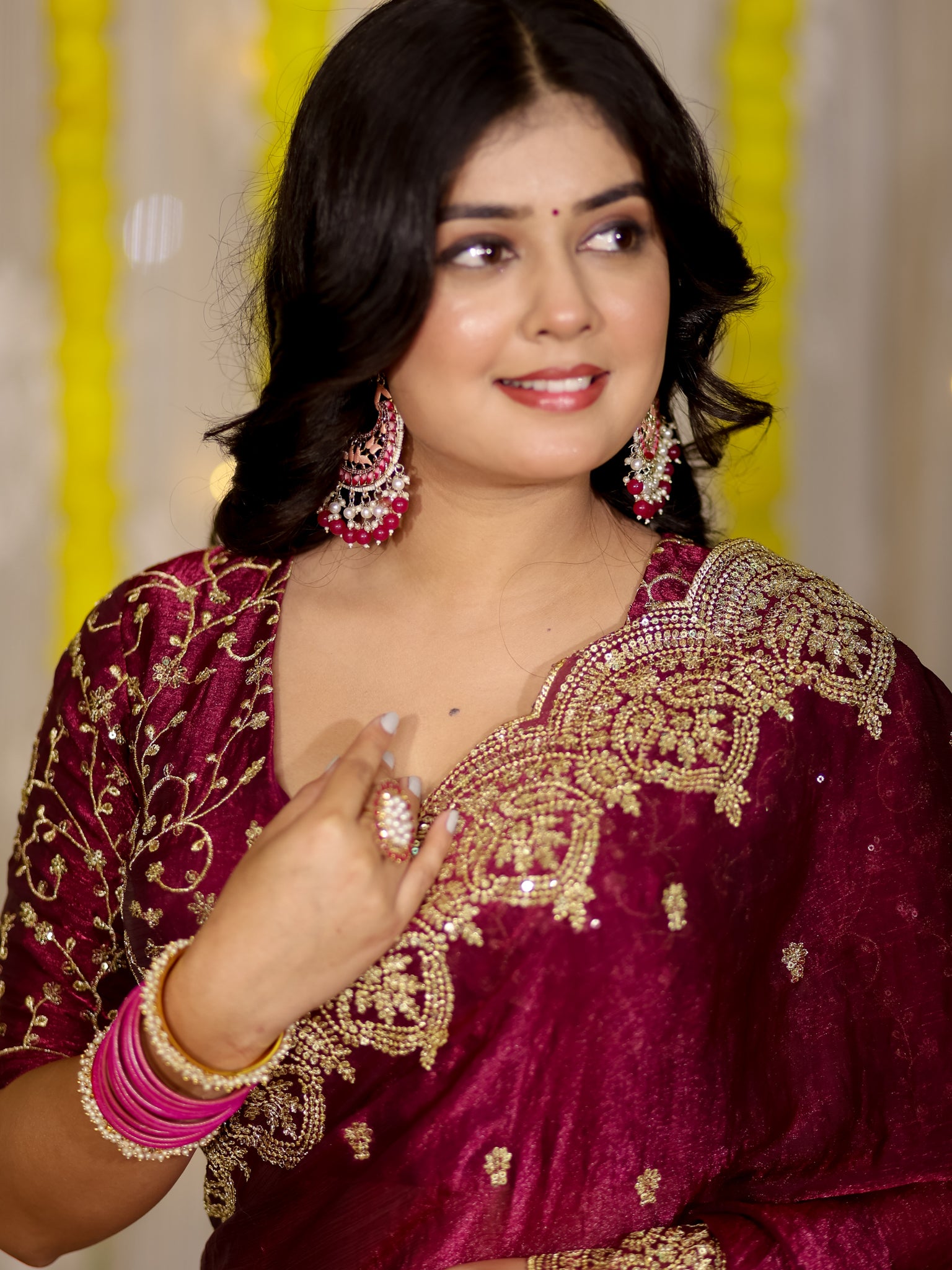 Tissue Sequin Saree With Scallop Border- Wine