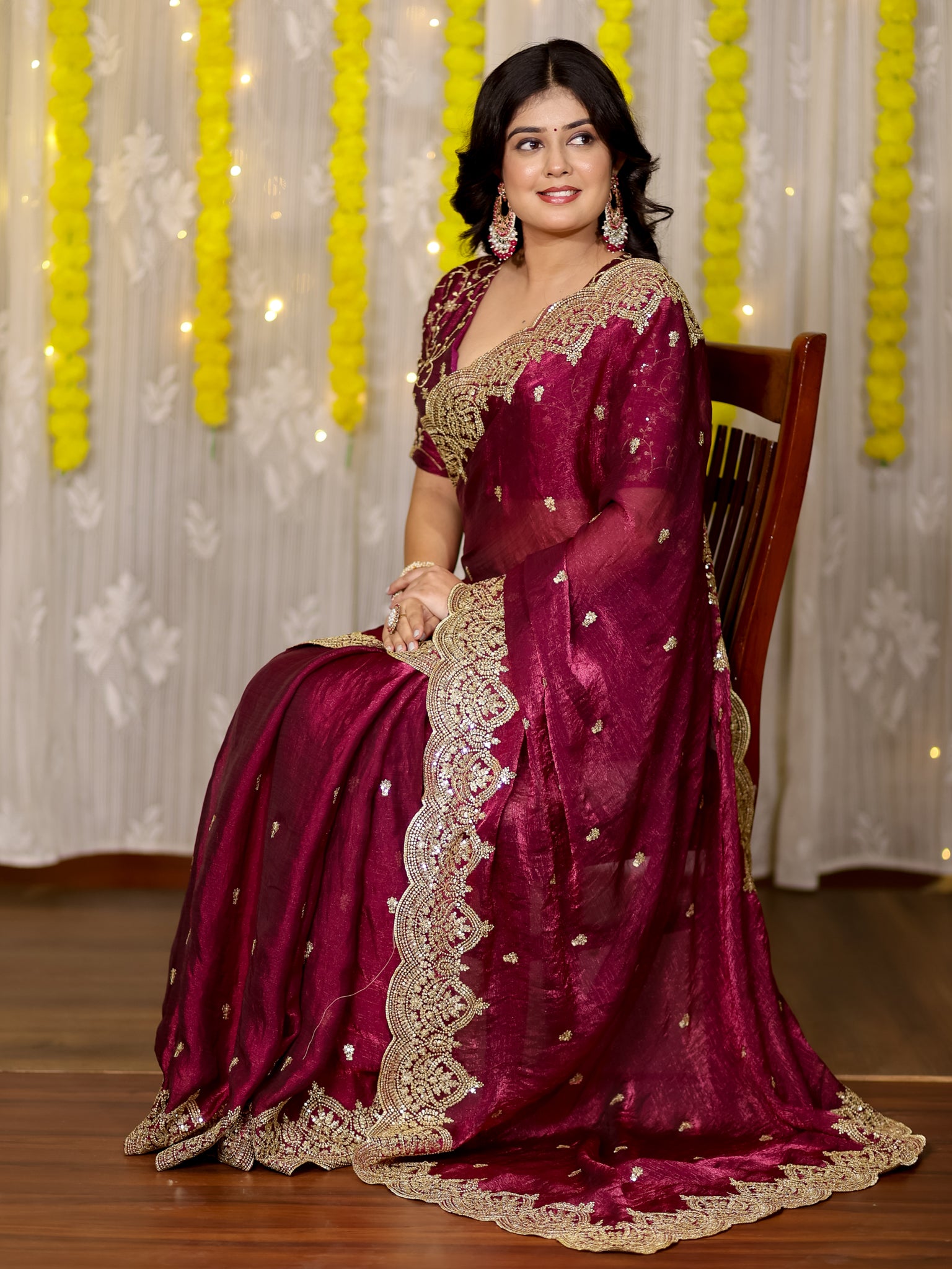 Tissue Sequin Saree With Scallop Border- Wine