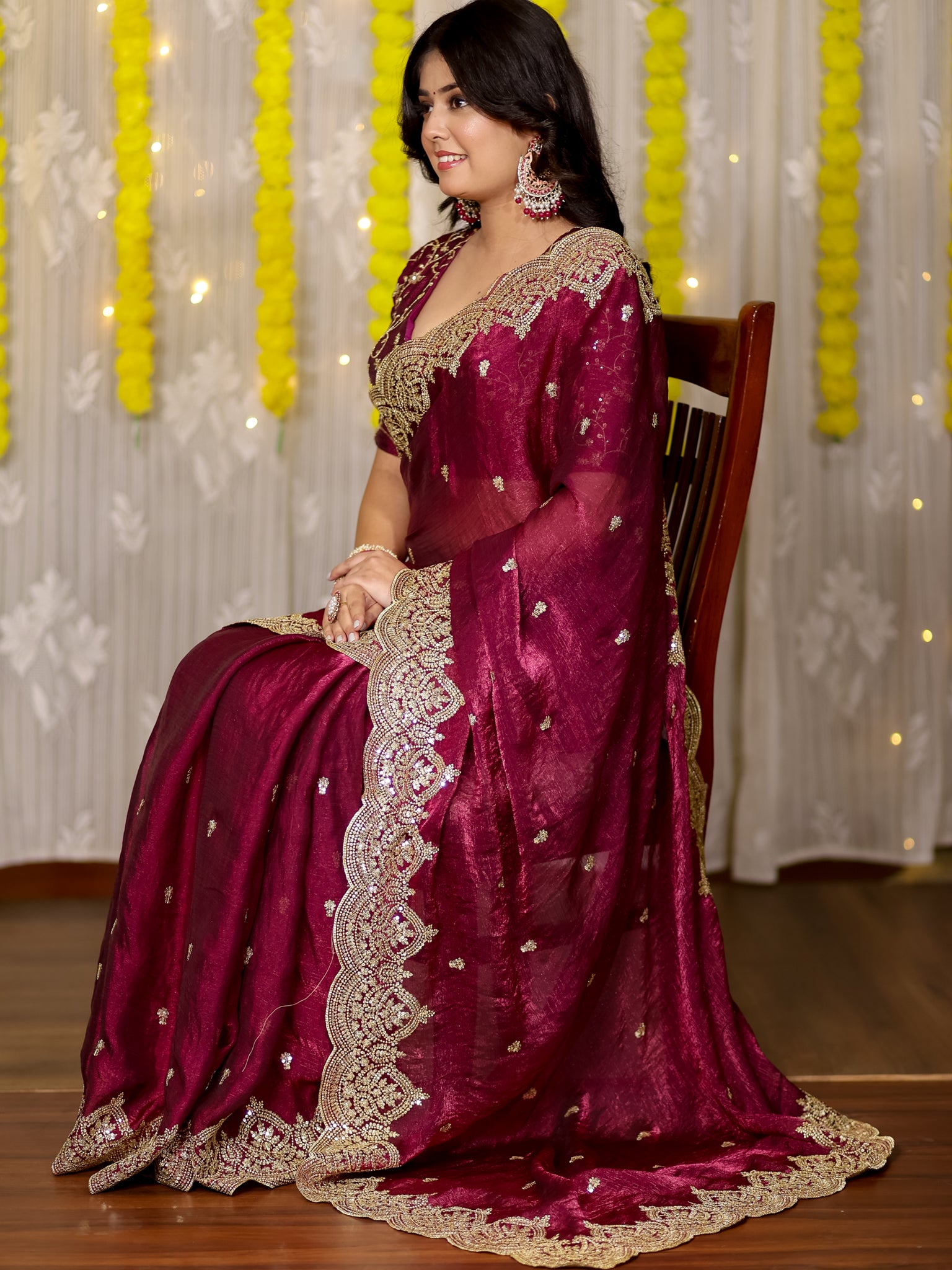 Tissue Sequin Saree With Scallop Border- Wine