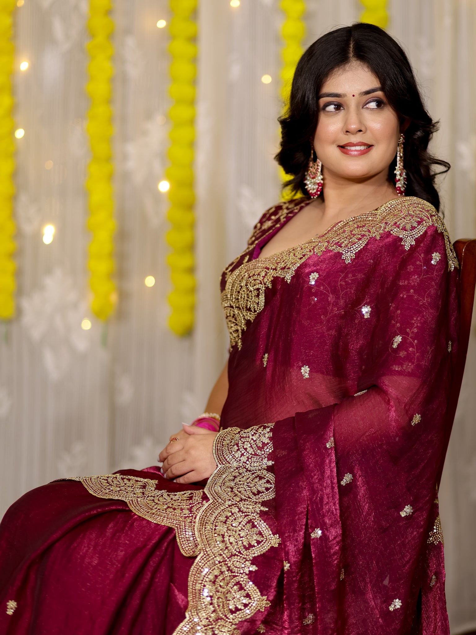 Tissue Sequin Saree With Scallop Border- Wine