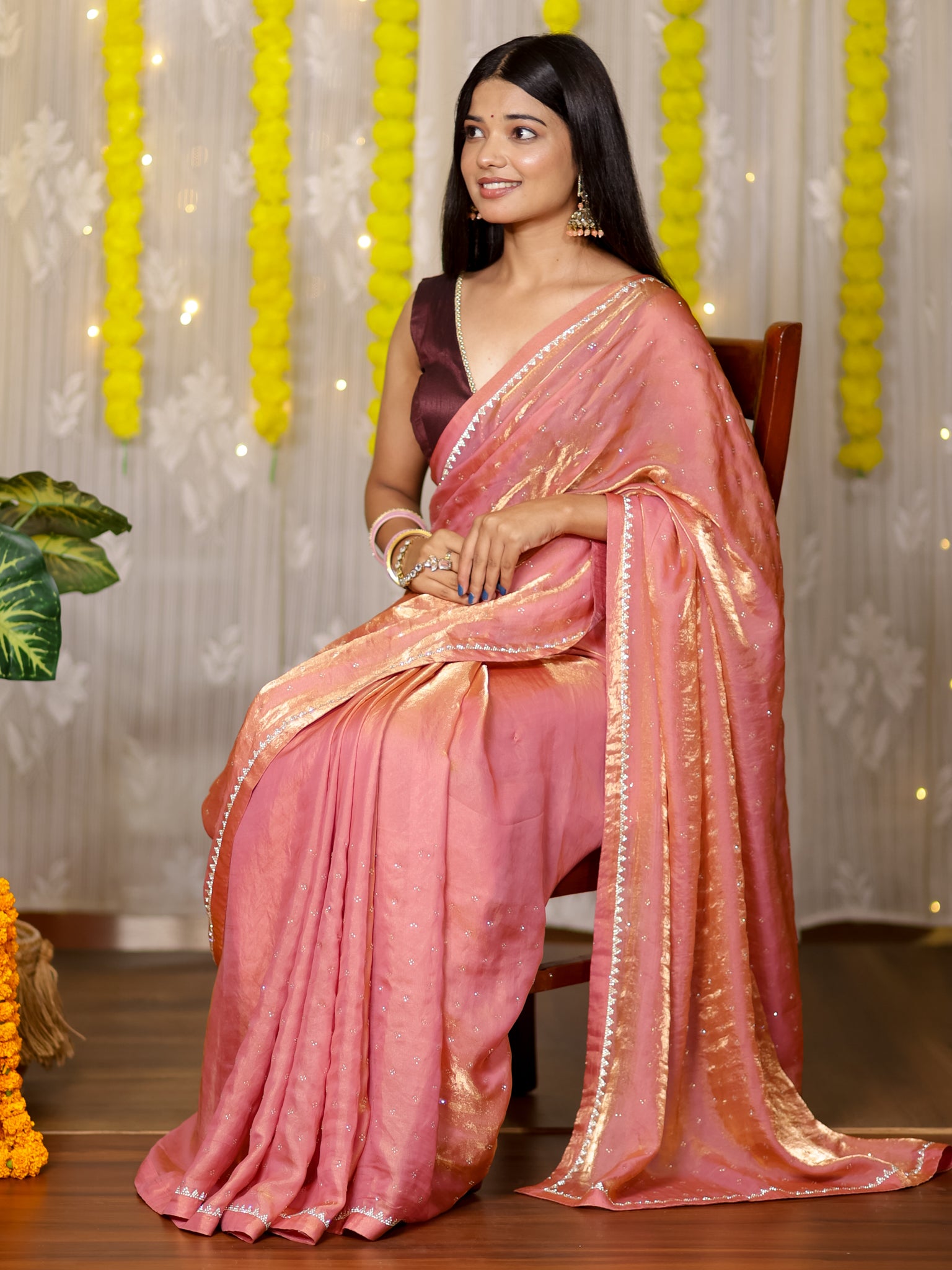 Tissue Sequin Saree - Pink