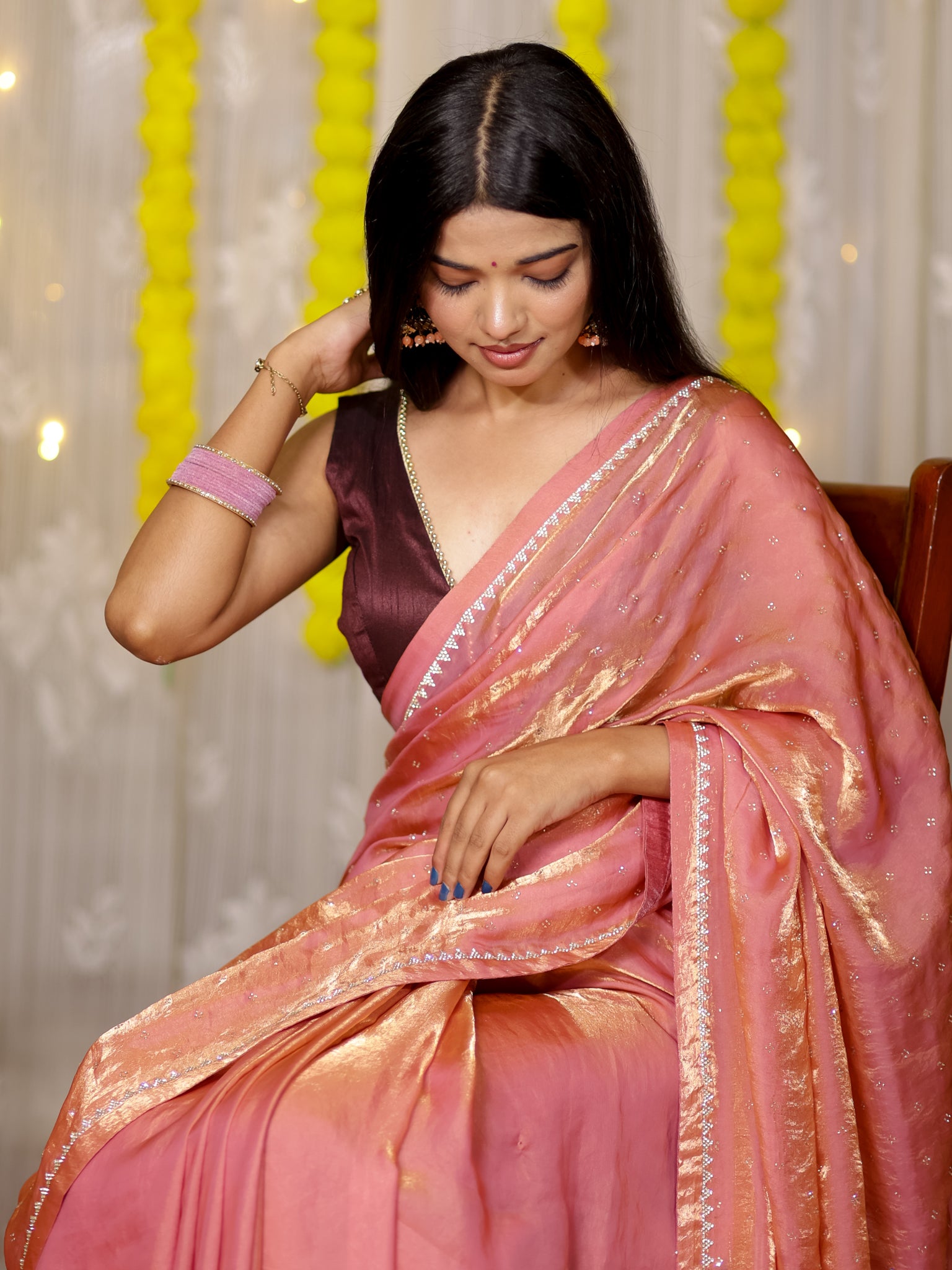 Tissue Sequin Saree - Pink