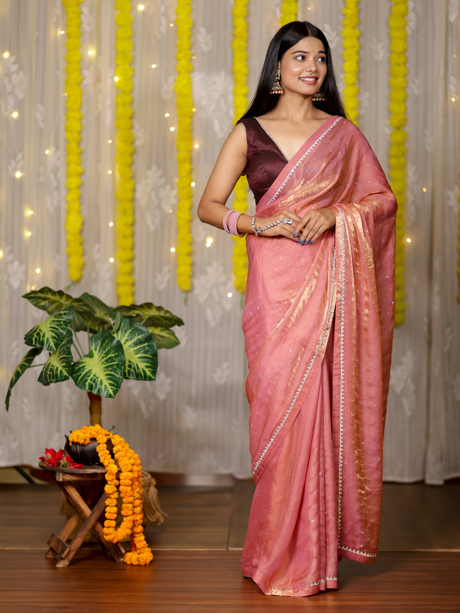 Tissue Sequin Saree - Pink