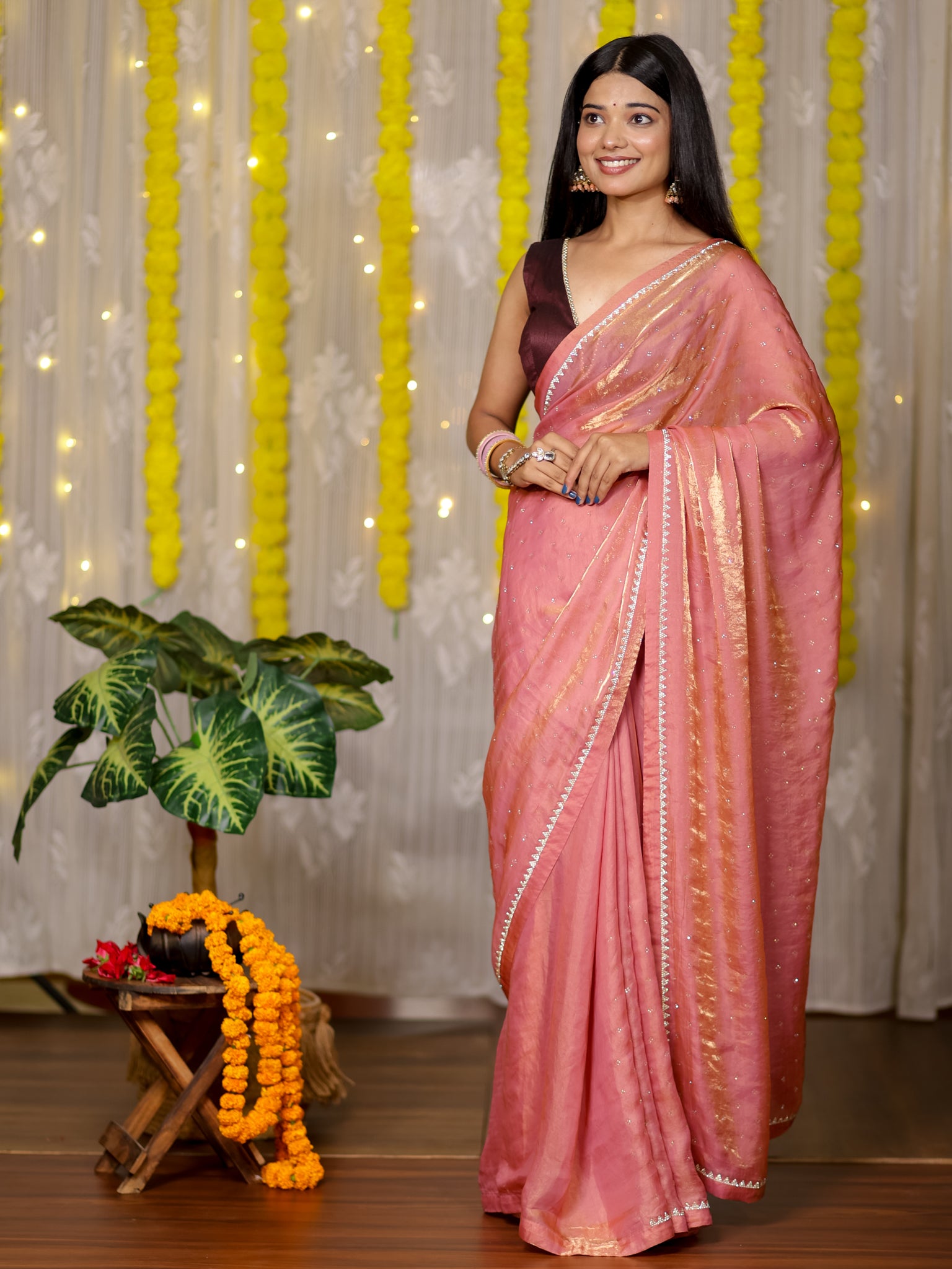 Tissue Sequin Saree - Pink