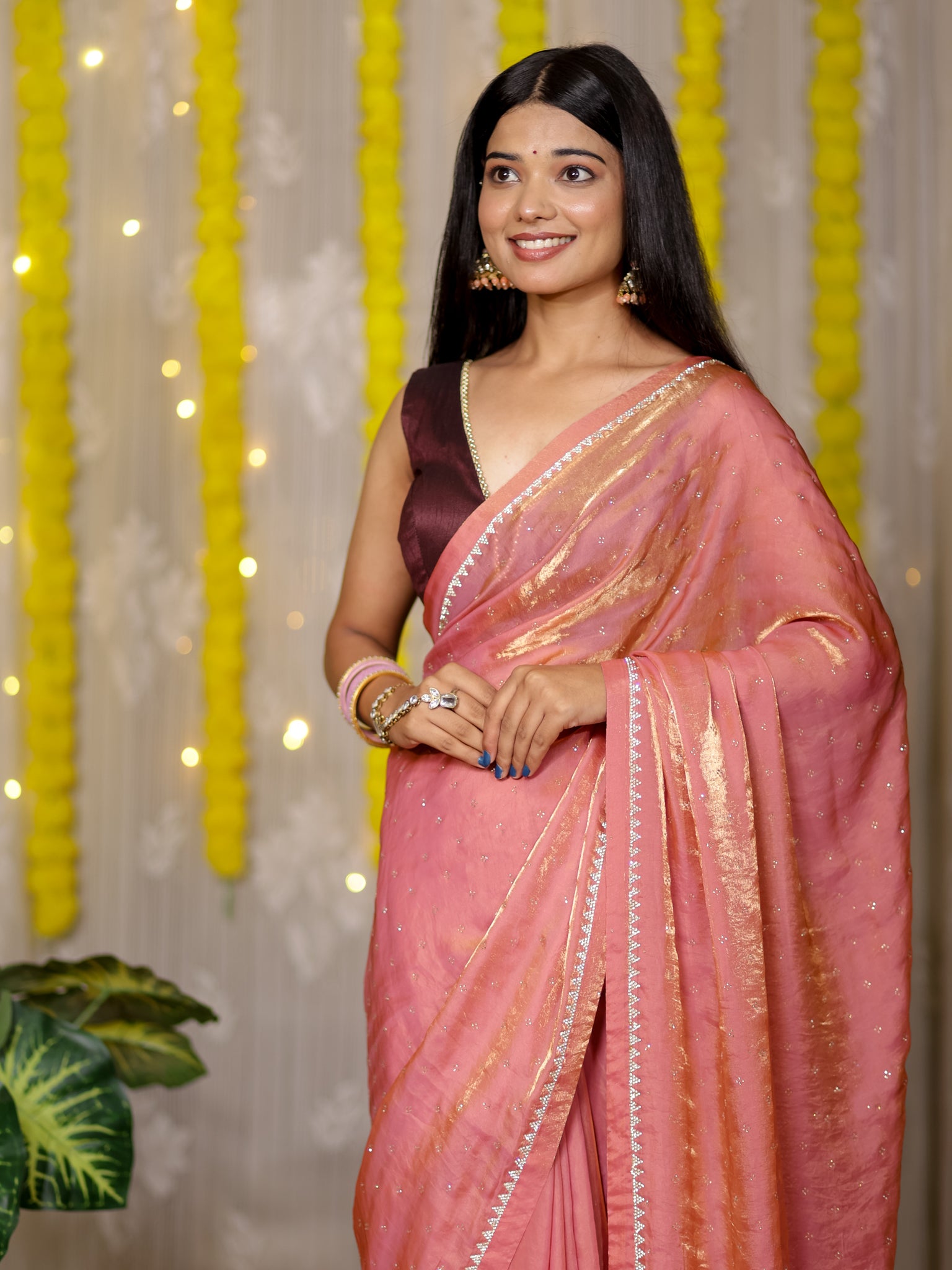 Tissue Sequin Saree - Pink