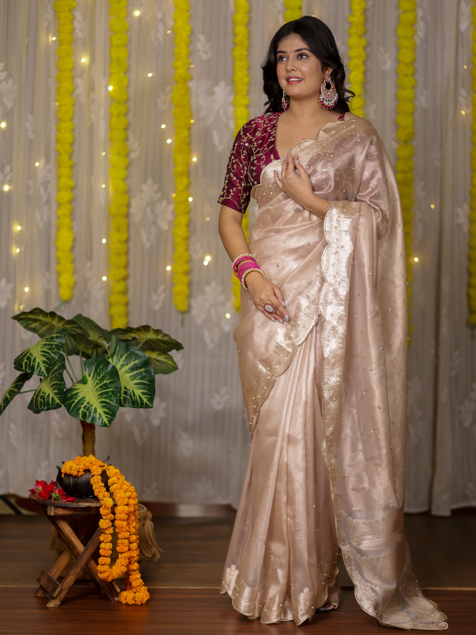 Banarasi Tissue Saree With Scallop Border - Beige