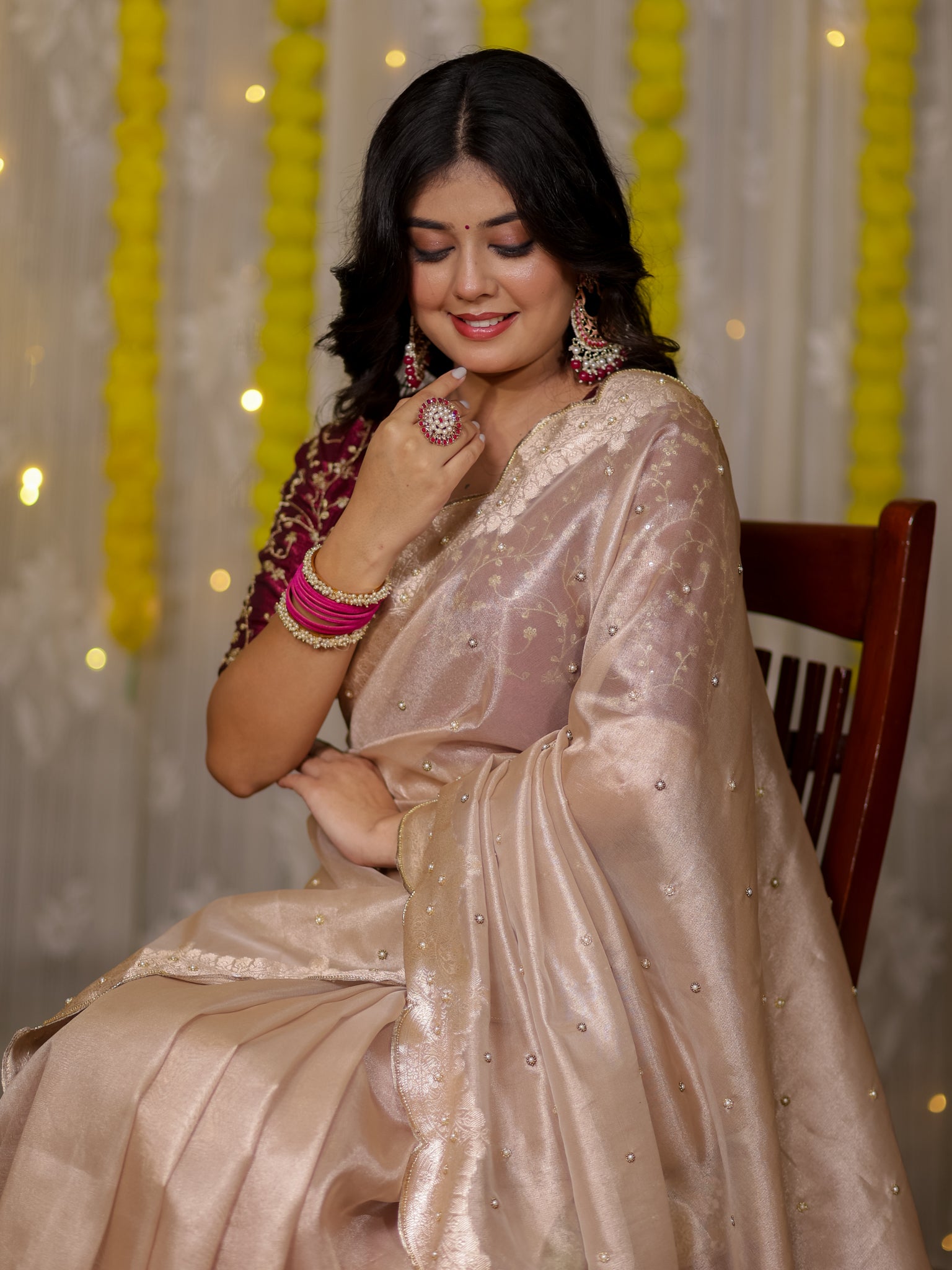 Banarasi Tissue Saree With Scallop Border - Beige