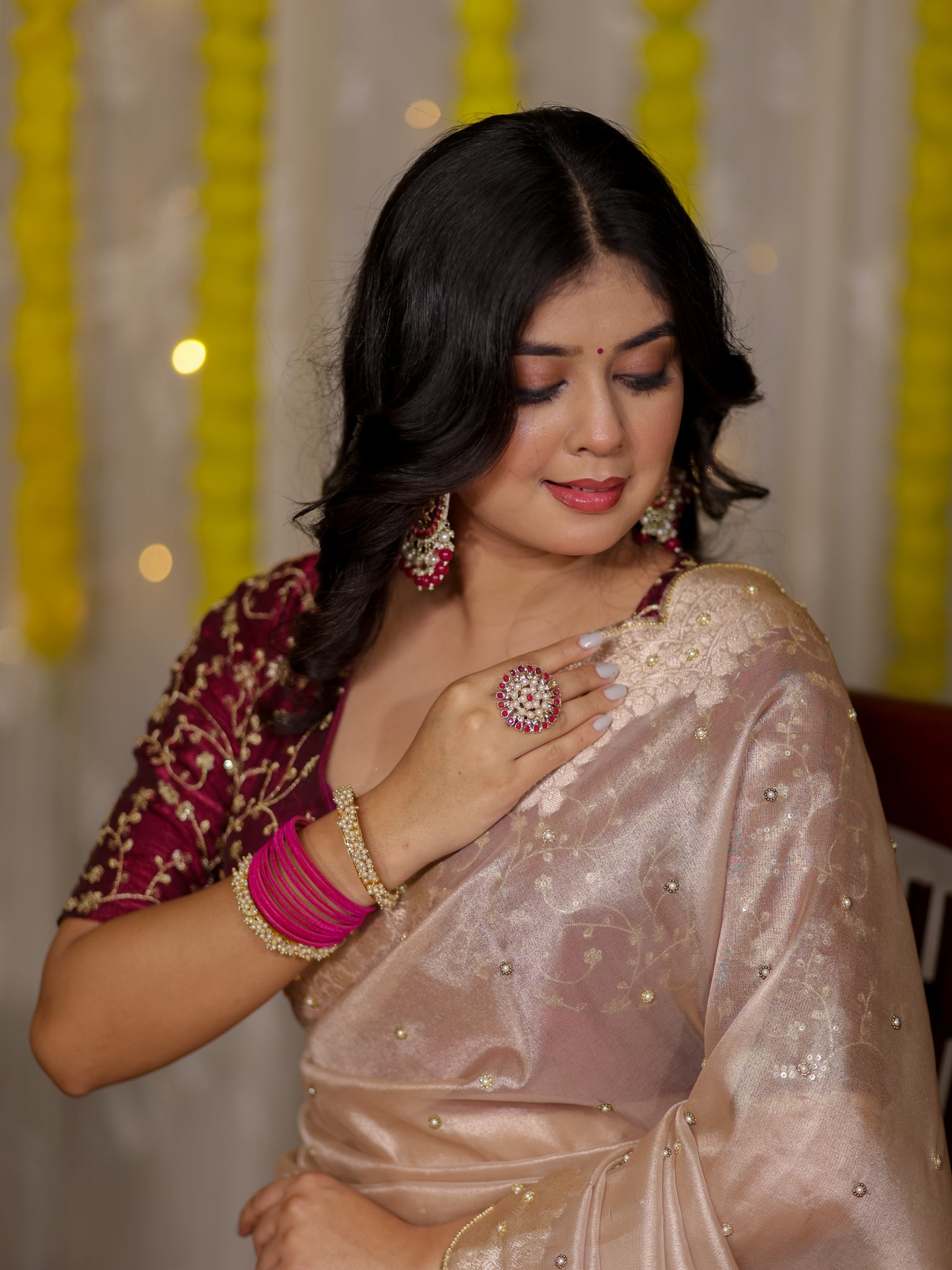 Banarasi Tissue Saree With Scallop Border - Beige