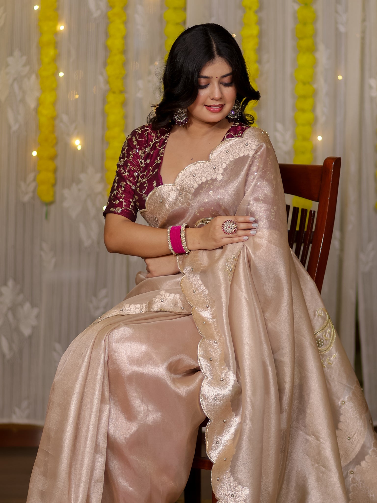 Banarasi Tissue Saree With Scallop Border - Beige